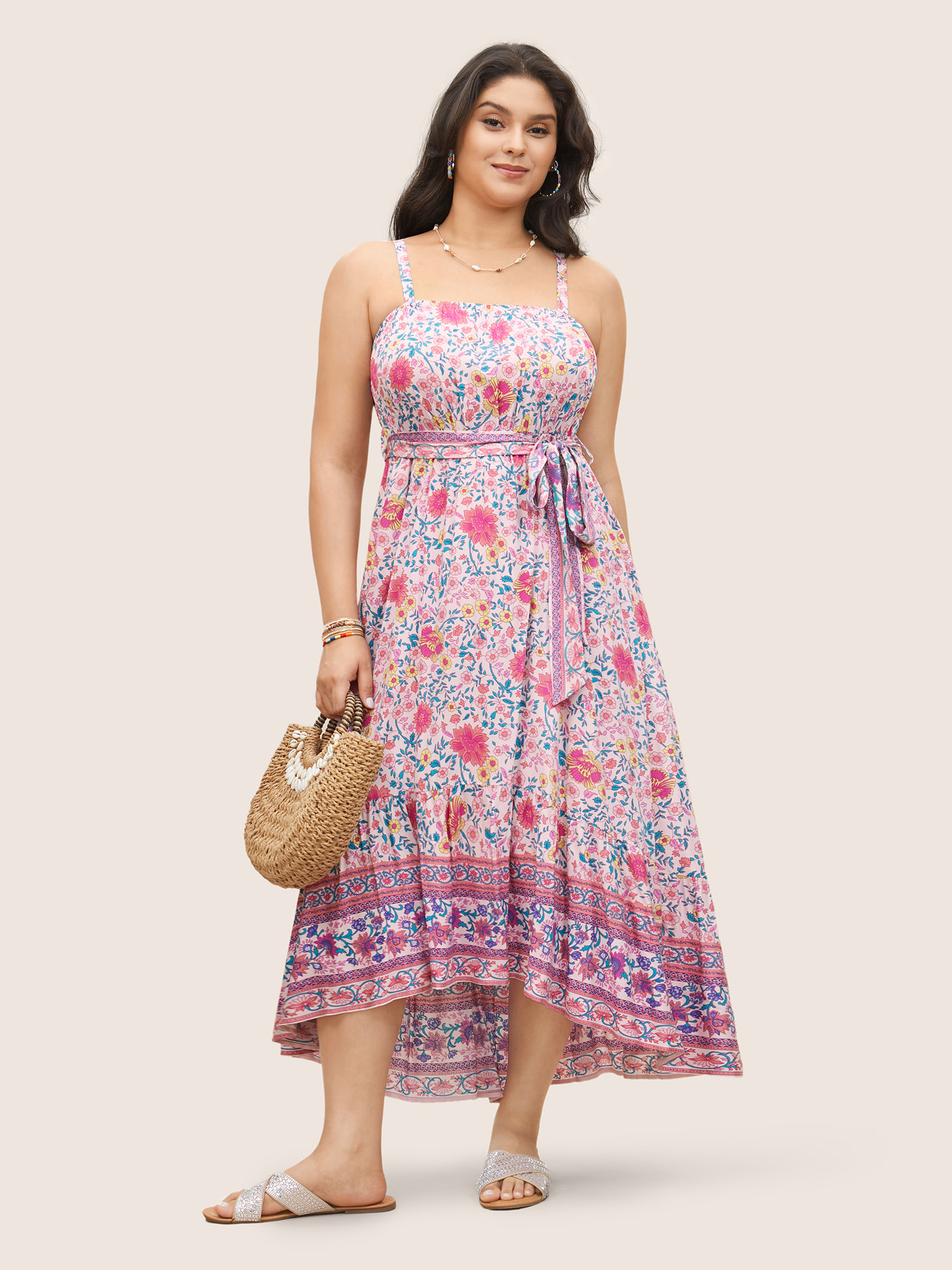 

Plus Size Floral Elastic Waist Patchwork Cami Dress MistyRose Women Resort Belted Non Sleeveless Curvy Midi Dress BloomChic