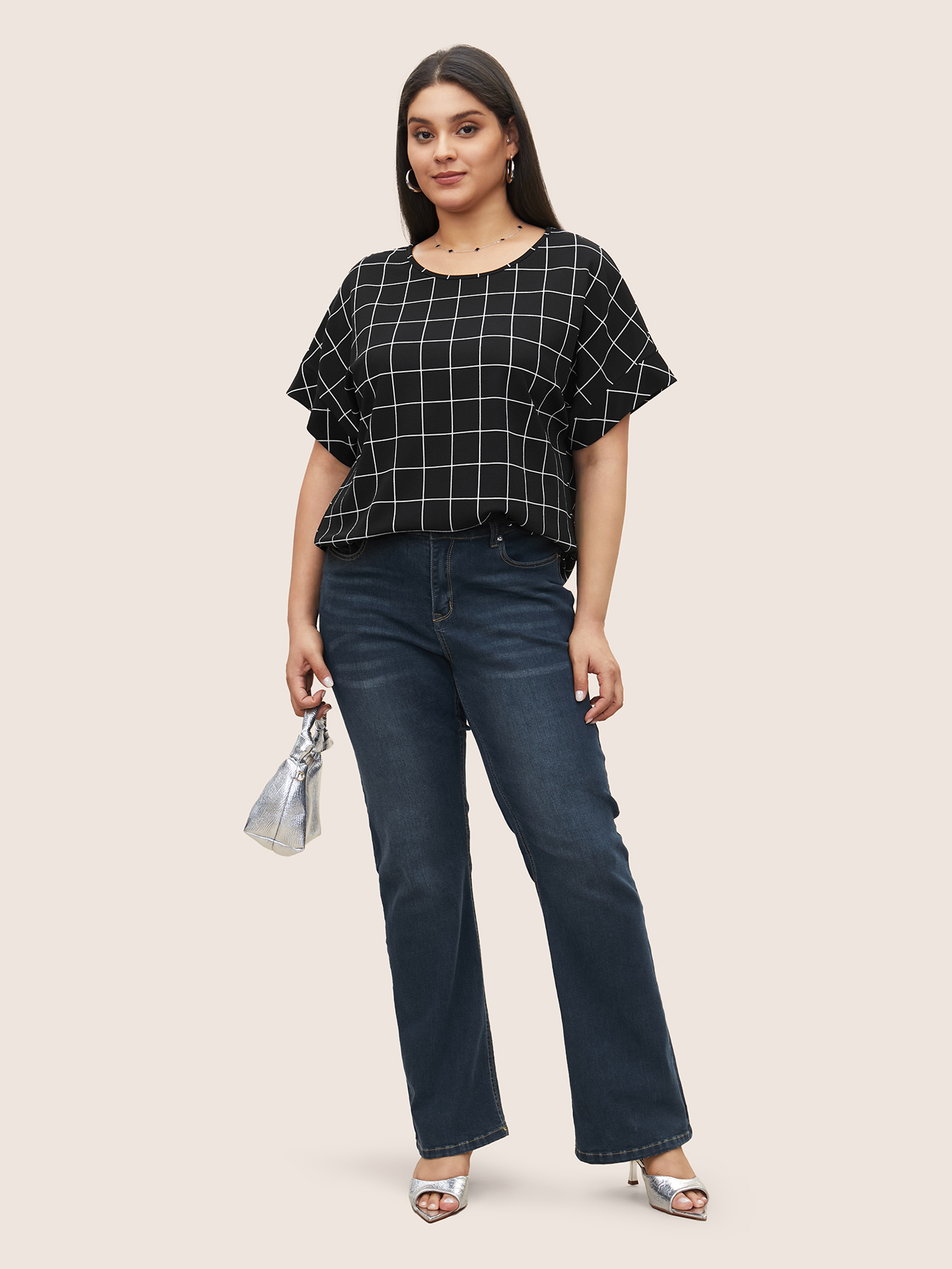 Plus Size Plaid Round Neck Batwing Sleeve T-shirt Black Women Work From Home Round Neck Work T-shirts BloomChic 14-16/1X 