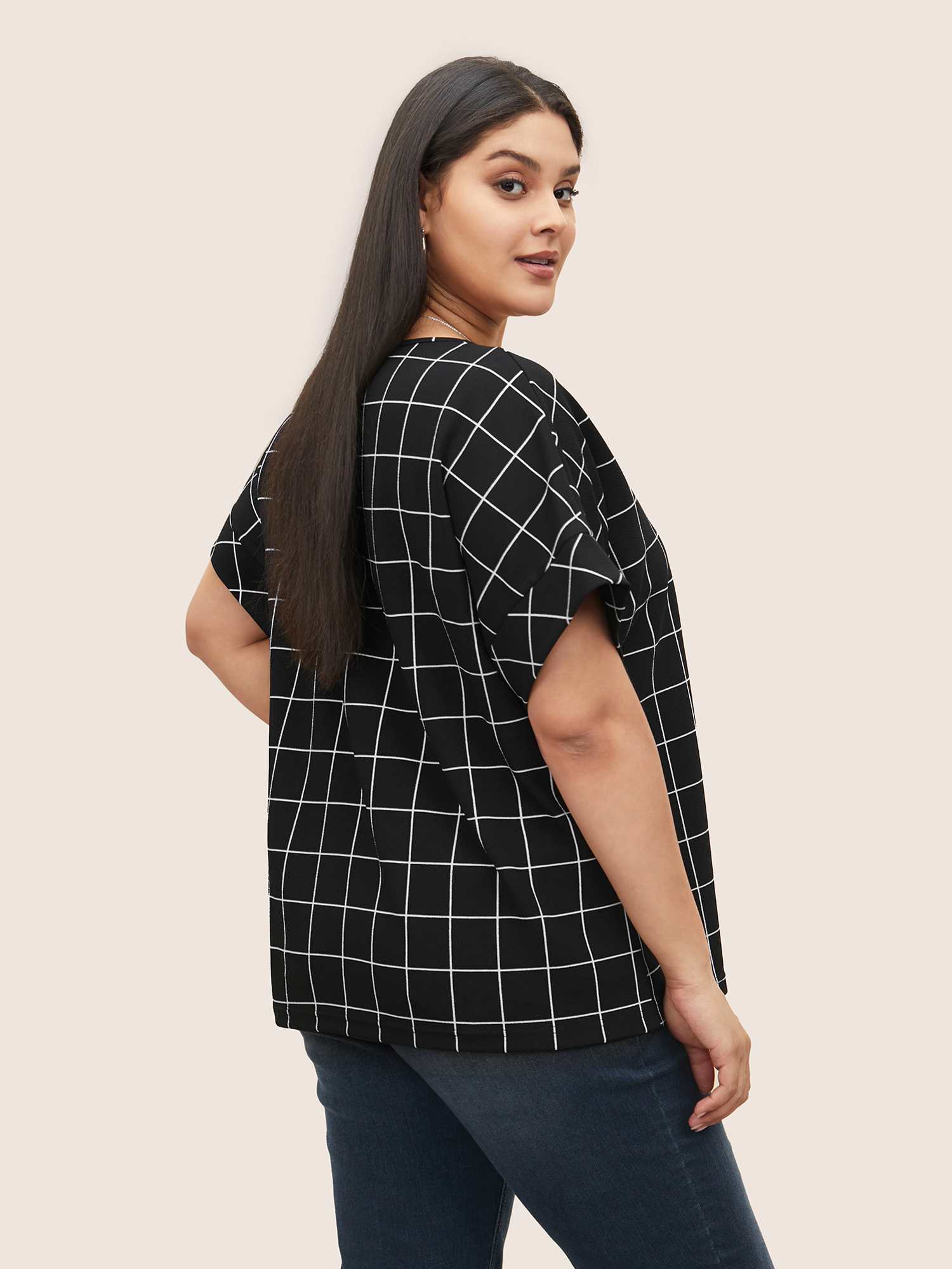Plus Size Plaid Round Neck Batwing Sleeve T-shirt Black Women Work From Home Round Neck Work T-shirts BloomChic 14-16/1X 