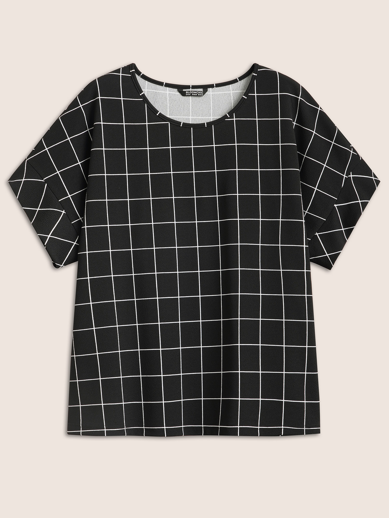 Plus Size Plaid Round Neck Batwing Sleeve T-shirt Black Women Work From Home Round Neck Work T-shirts BloomChic 14-16/1X 