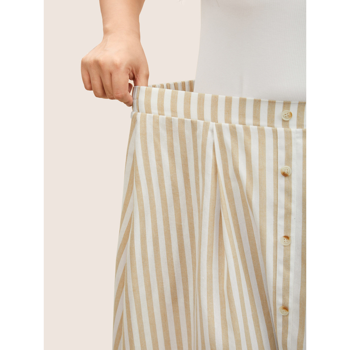 

Plus Size Stripes Elastic Waist Button Detail Pocket Skirt Women Apricot Work From Home Button No stretch Slanted pocket Work Skirts BloomChic