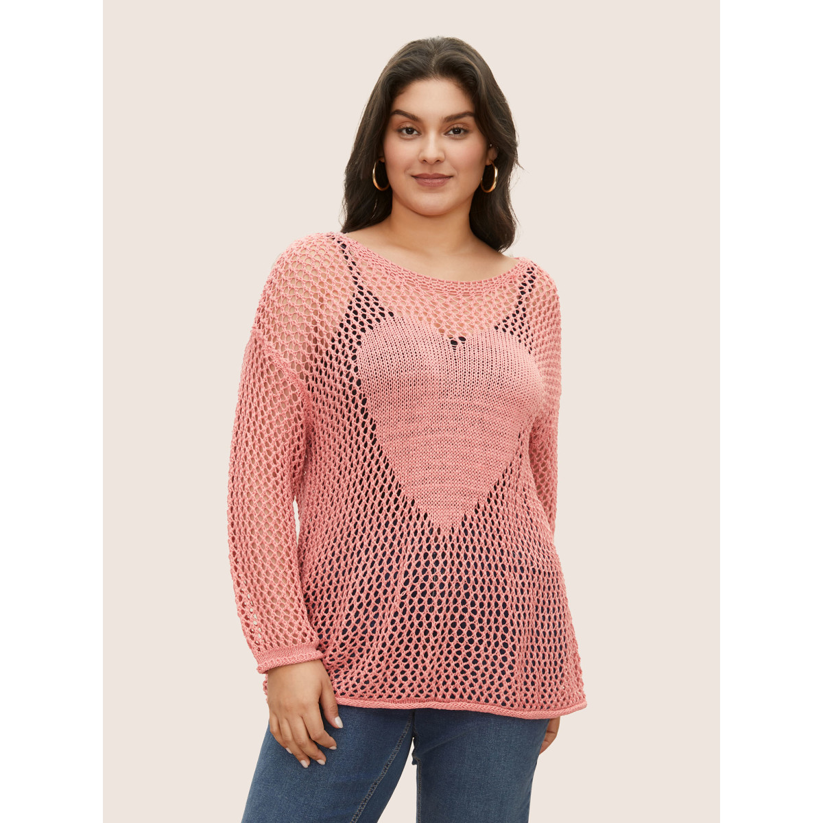 

Plus Size Solid Heart Cut Out See Through Sweater T-shirt Watermelon Long Sleeve Boat Neck Casual Knit Tops  Bloomchic