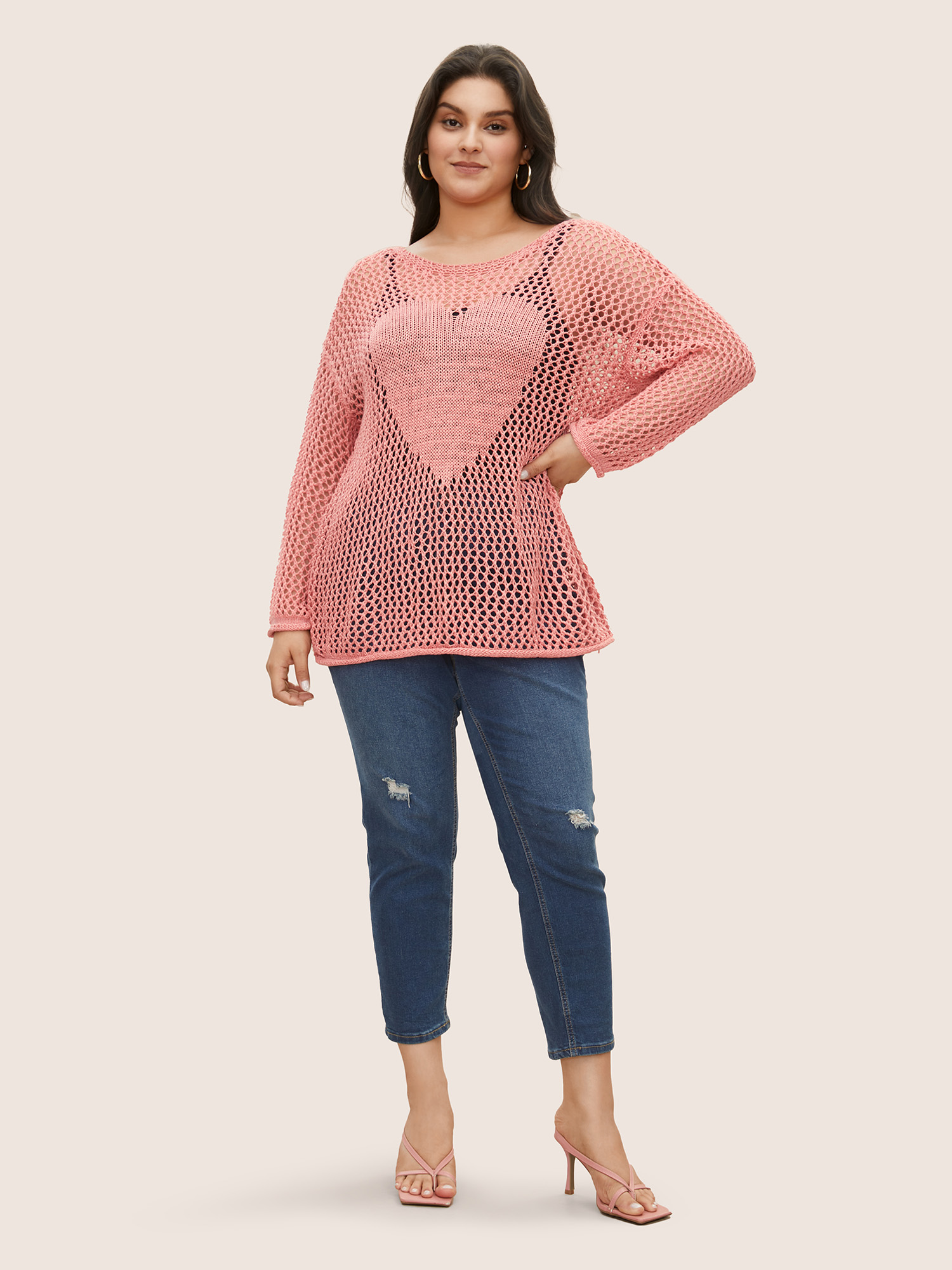 Plus Size Solid Heart Cut Out See Through Sweater T-shirt Watermelon Long Sleeve Boat Neck Casual Knit Tops 22-24/3X Bloomchic 