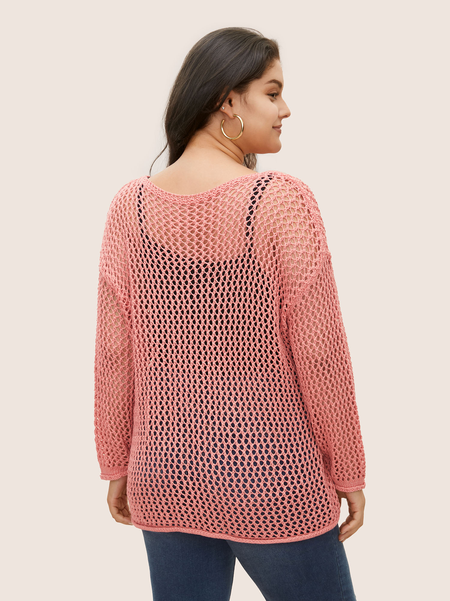 Plus Size Solid Heart Cut Out See Through Sweater T-shirt Watermelon Long Sleeve Boat Neck Casual Knit Tops 22-24/3X Bloomchic 
