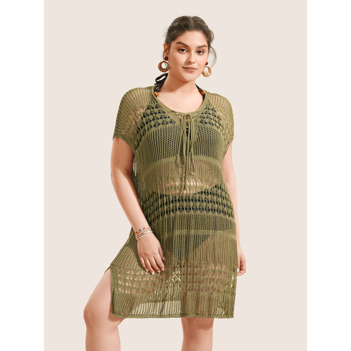 

Plus Size Solid Cut Out See Through Lace Up Swim Cover Up Women's Swimwear Olive Beach Tie knot Curve Swim Cover Ups BloomChic