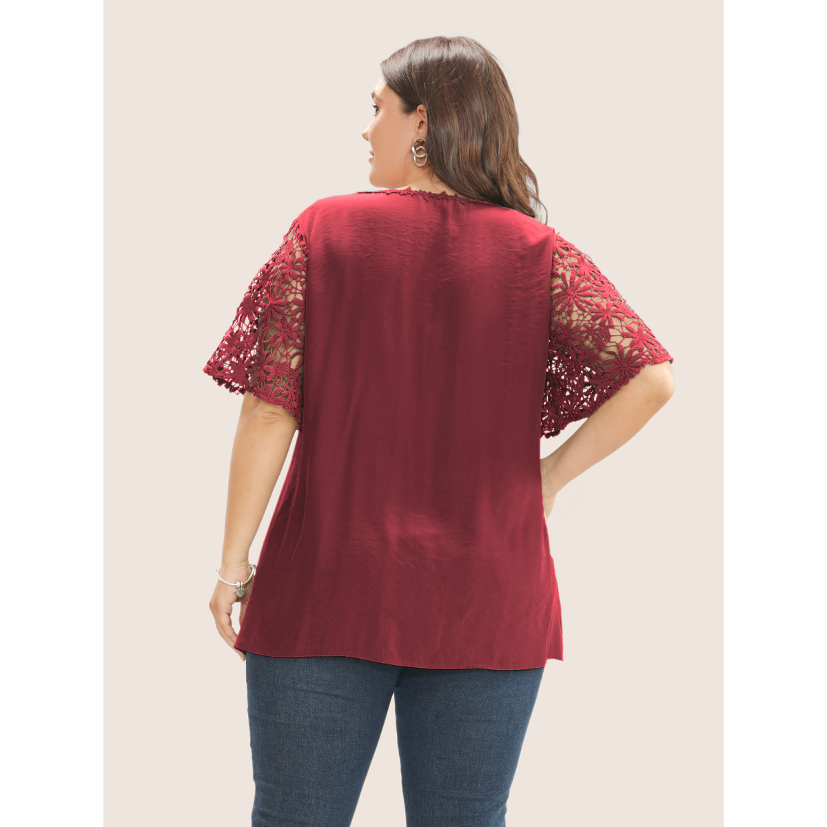 

Plus Size Red Plain V Neck Floral Patchwork Blouse Women Casual Short sleeve V-neck Everyday Blouses BloomChic