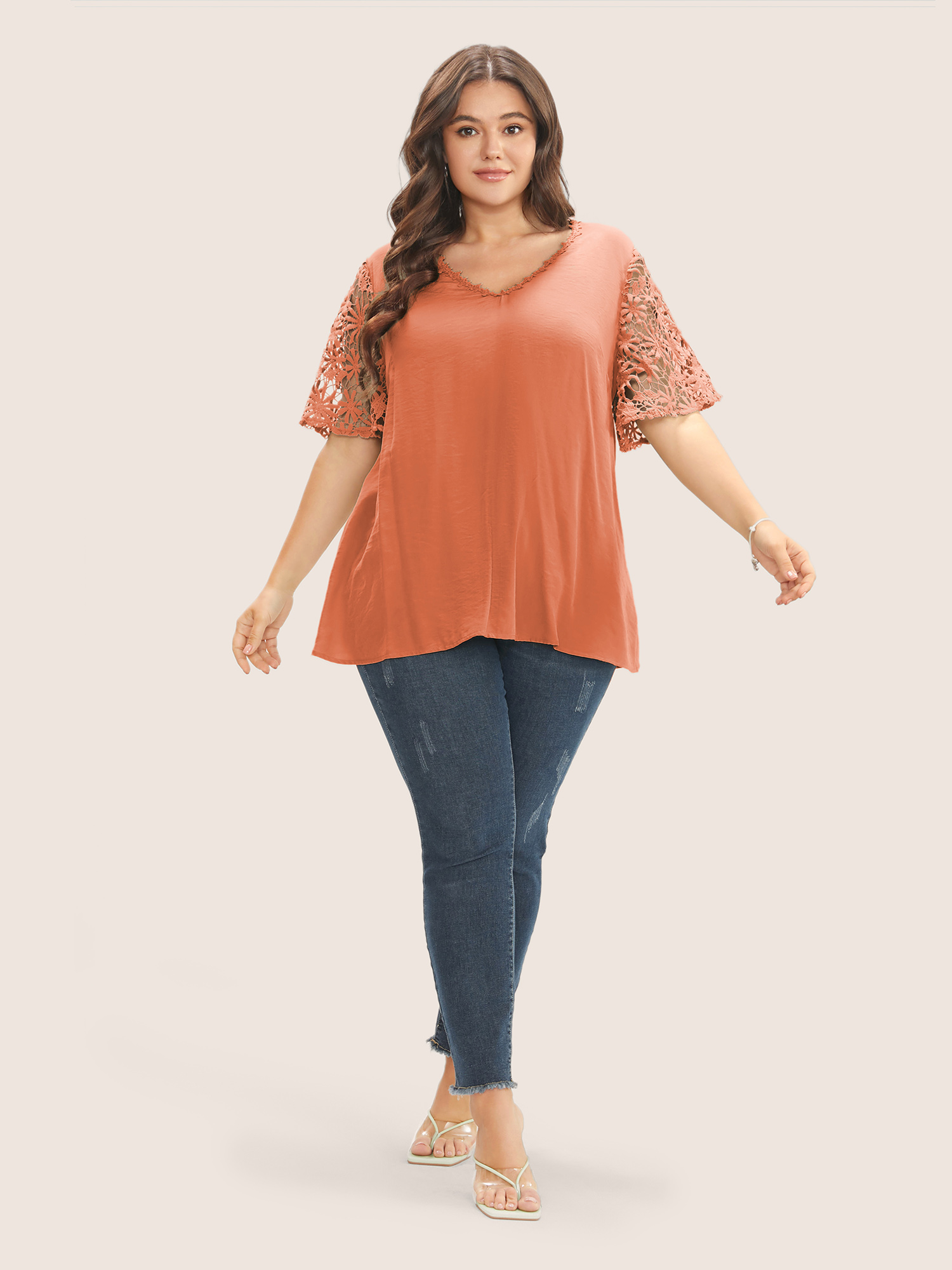 

Plus Size OrangeRed Plain V Neck Floral Patchwork Blouse Women Casual Short sleeve V-neck Everyday Blouses BloomChic