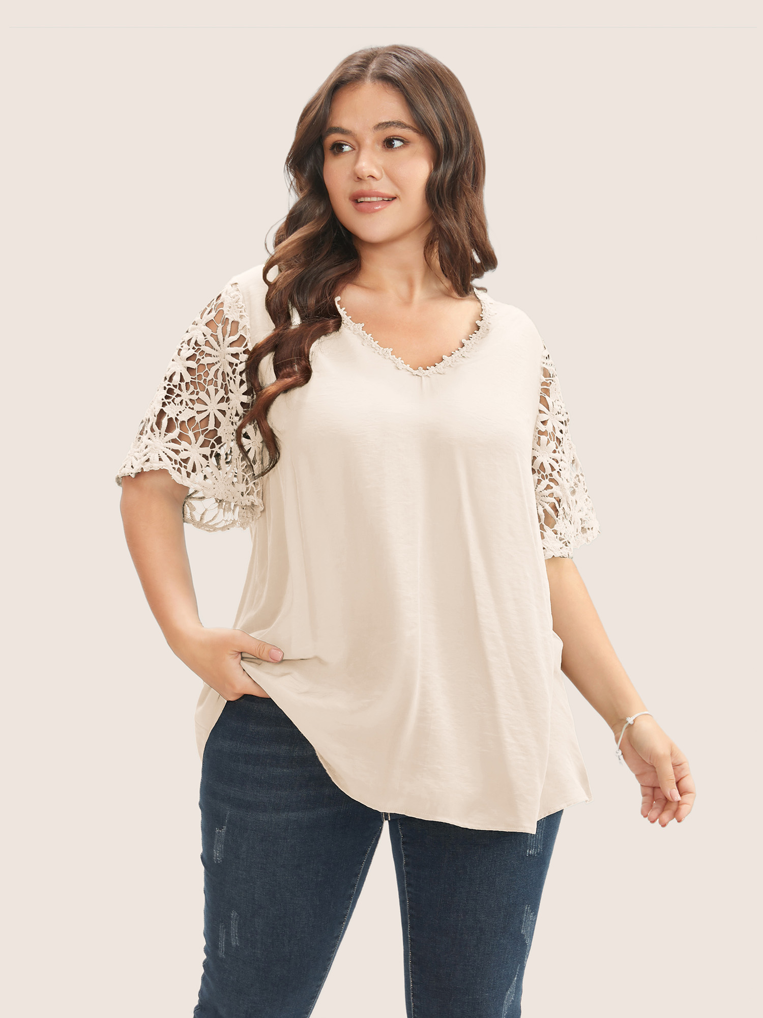 

Plus Size Apricot Plain V Neck Floral Patchwork Blouse Women Casual Short sleeve V-neck Everyday Blouses BloomChic