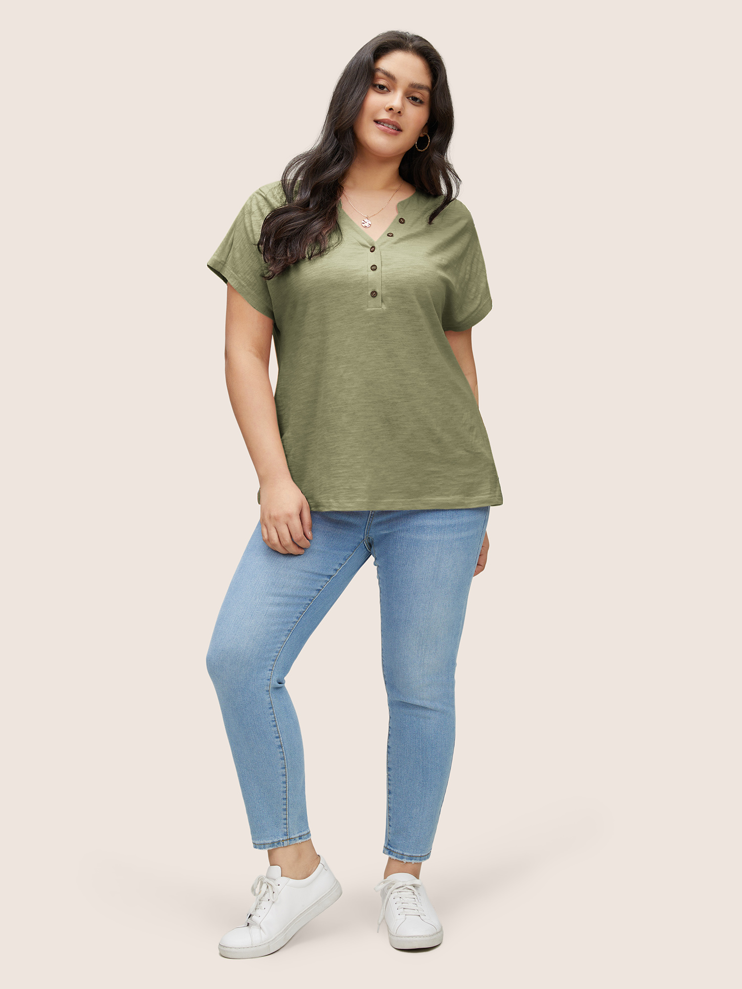 

Plus Size Cotton Solid Notched Dolman Sleeve T-shirt Moss Women Casual Non Plain Notched collar Everyday T-shirts BloomChic