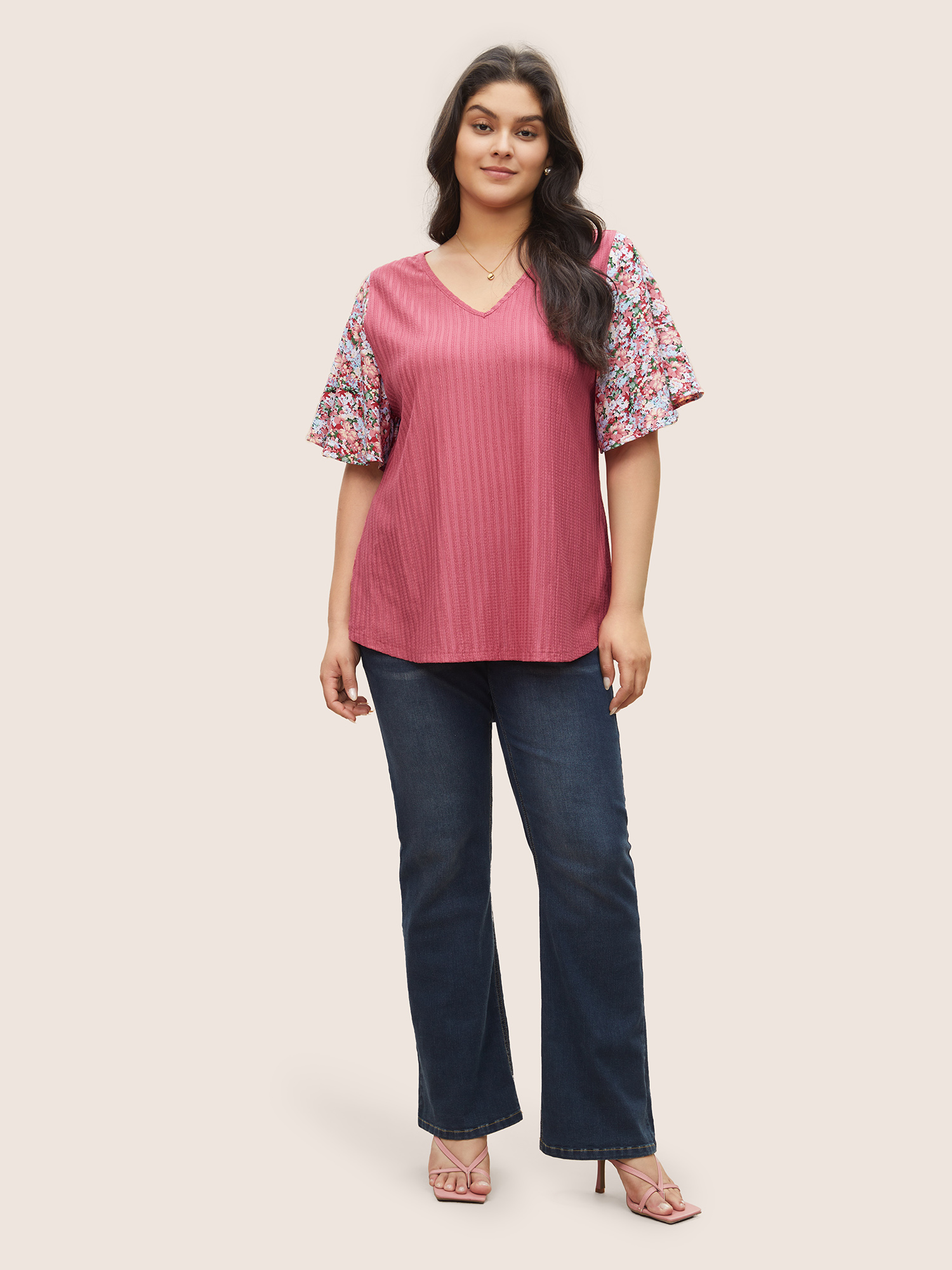 Plus Size Ditsy Floral Patchwork Plisse Flutter Sleeve T-shirt Pink Women Elegant V-neck Everyday T-shirts BloomChic 22-24/3X 