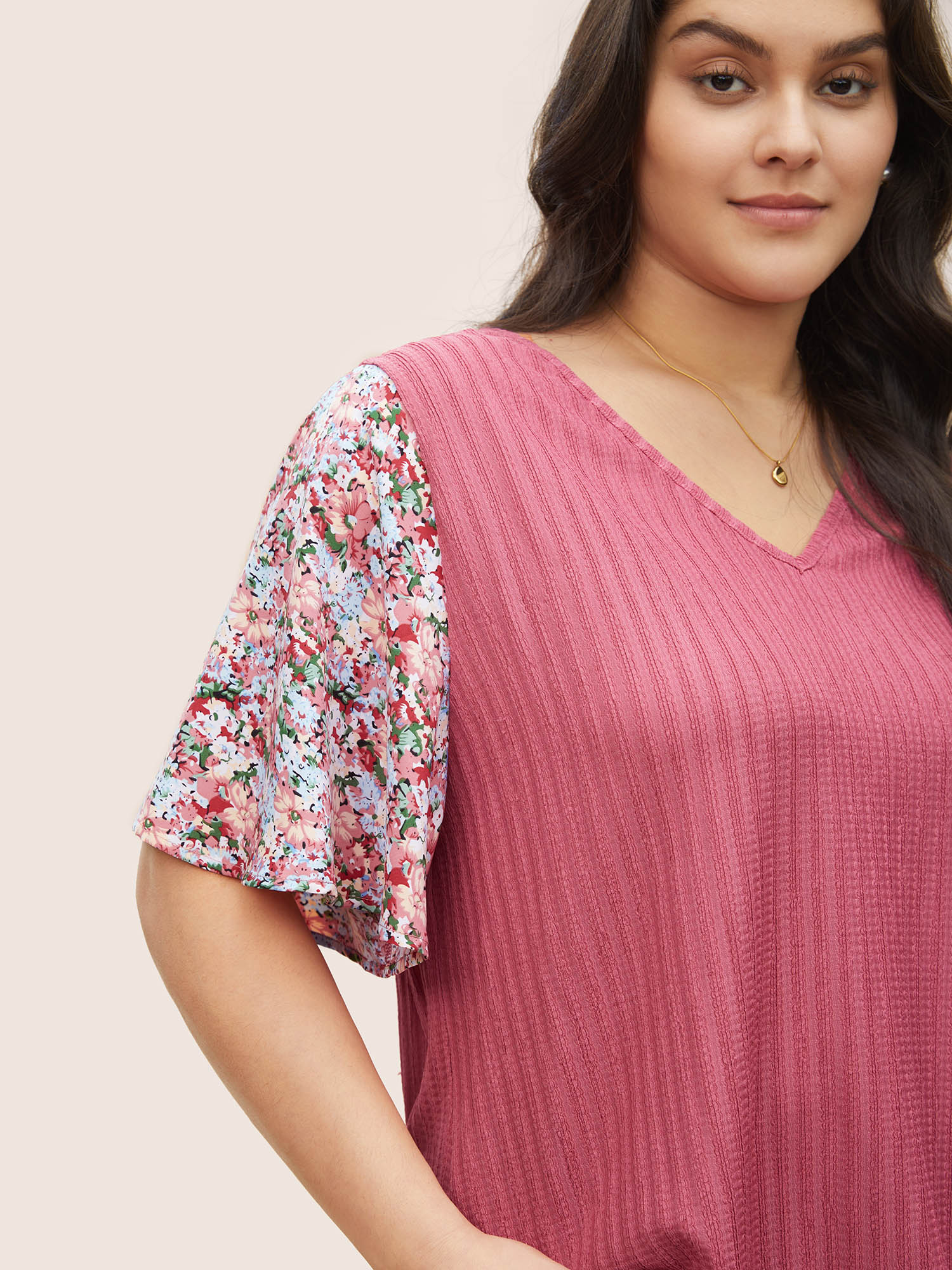 Plus Size Ditsy Floral Patchwork Plisse Flutter Sleeve T-shirt Pink Women Elegant V-neck Everyday T-shirts BloomChic 22-24/3X 