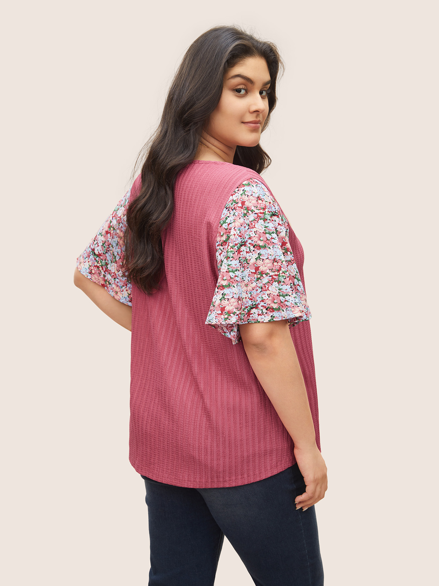 Plus Size Ditsy Floral Patchwork Plisse Flutter Sleeve T-shirt Pink Women Elegant V-neck Everyday T-shirts BloomChic 22-24/3X 