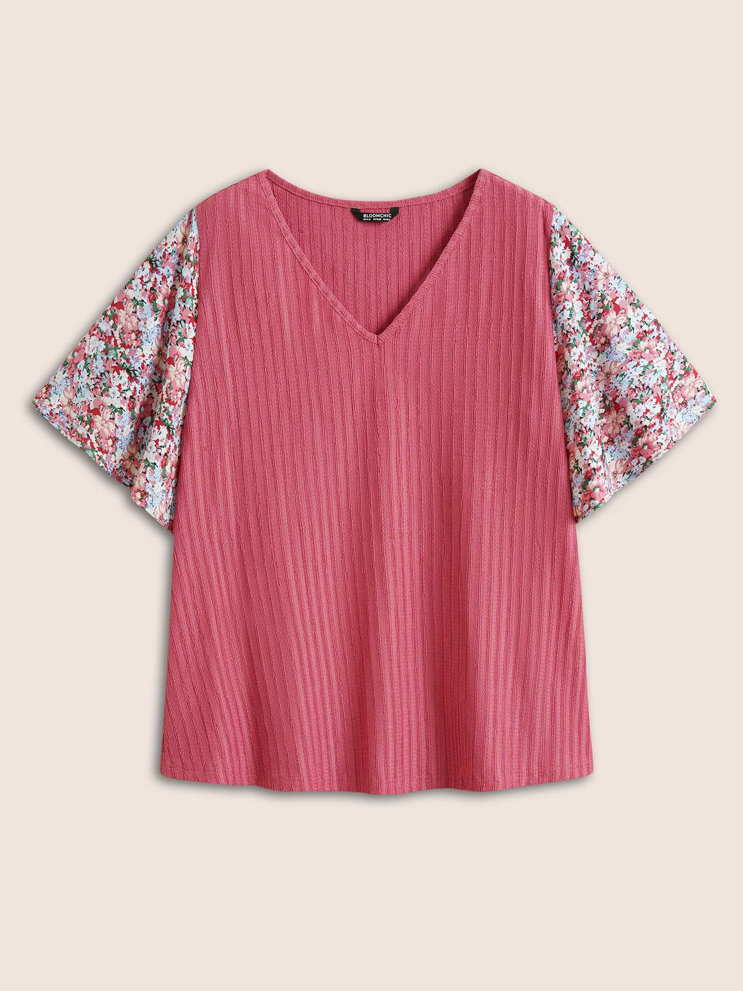 Plus Size Ditsy Floral Patchwork Plisse Flutter Sleeve T-shirt Pink Women Elegant V-neck Everyday T-shirts BloomChic 22-24/3X 