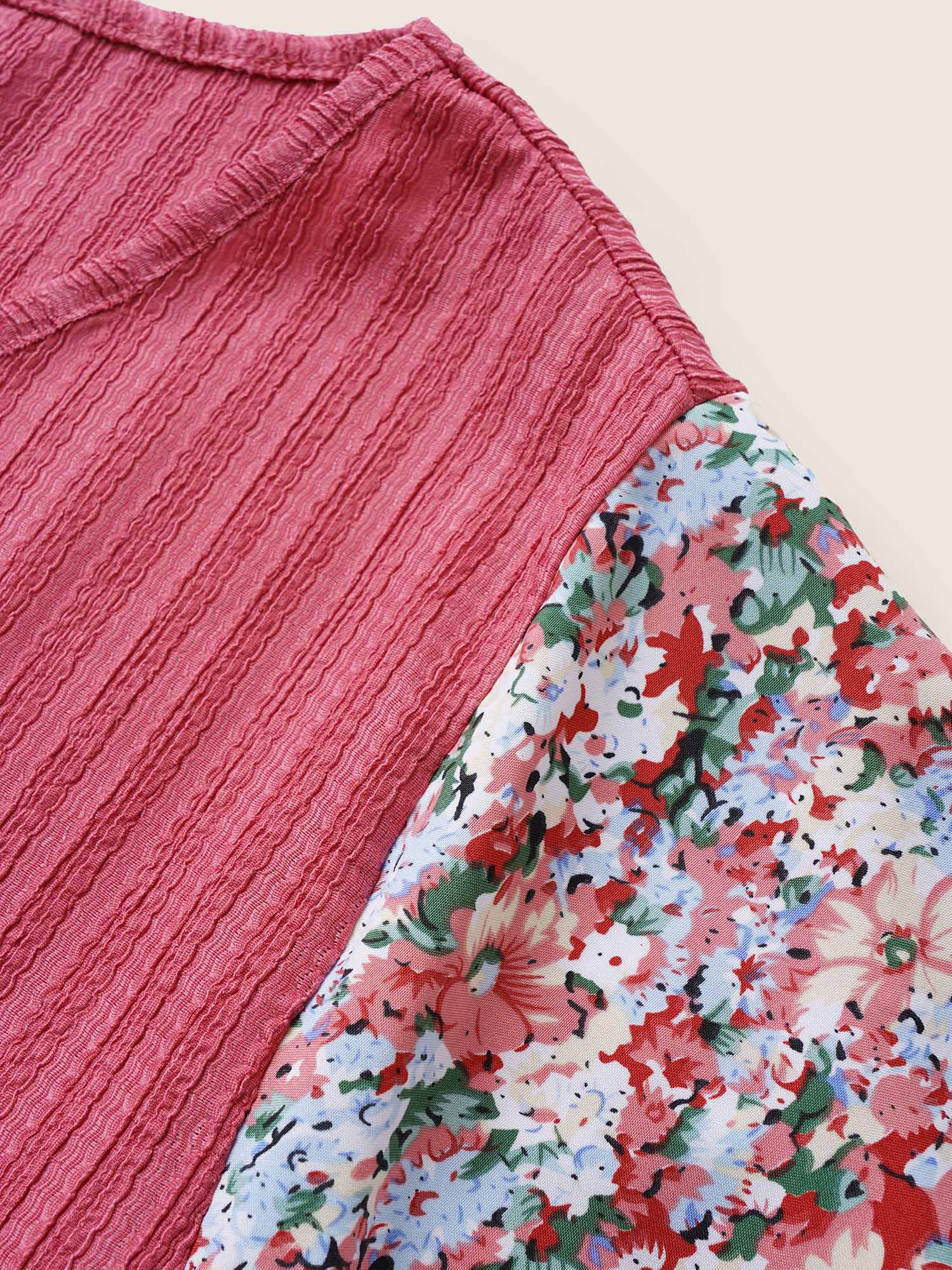 Plus Size Ditsy Floral Patchwork Plisse Flutter Sleeve T-shirt Pink Women Elegant V-neck Everyday T-shirts BloomChic 22-24/3X 