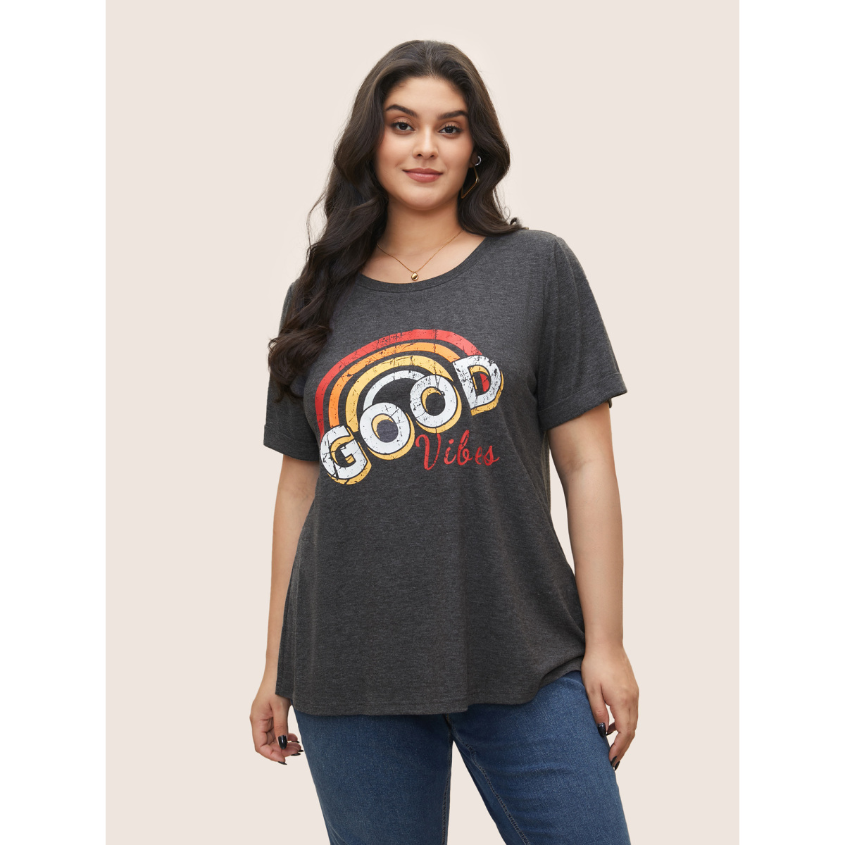 

Plus Size Vintage Rainbow Print Crew Neck T-shirt DimGray Women Casual Positive slogan Round Neck Everyday T-shirts BloomChic