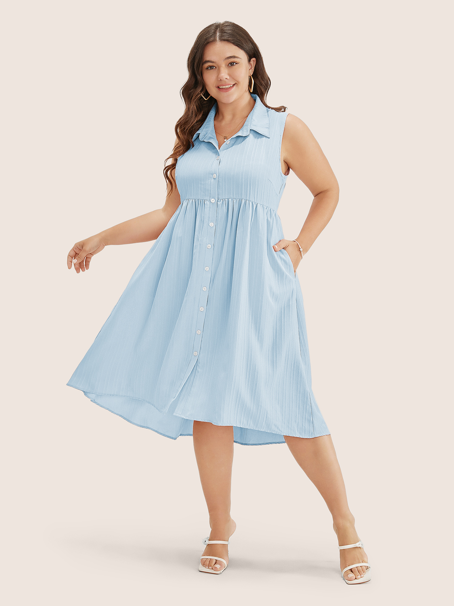 

Plus Size Solid Shirt Collar Ruffle Pocket High Low Hem Button Up Dress LightBlue Women At the Office Non Polo Sleeveless Curvy Midi Dress BloomChic