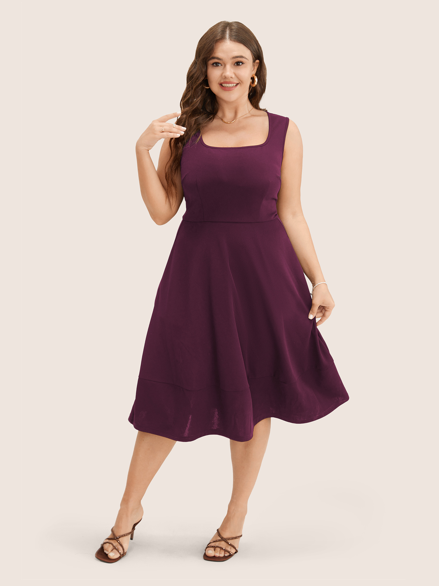 

Plus Size Solid Pocket Sleeveless Ruffle Hem Tank Dress Eggplant Women Workwear Essentials Non Round Neck Sleeveless Curvy Midi Dress BloomChic