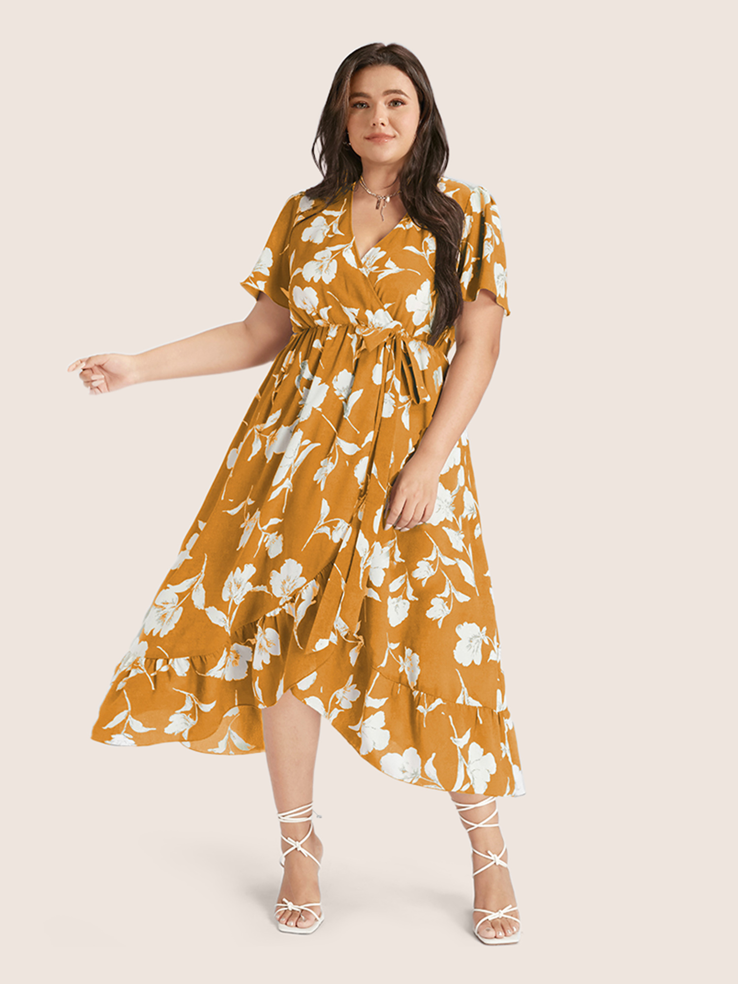 

Plus Size Floral Ruffle Knot Side Wrap Dress Yellow Women Elegant Ruffles V-neck Short sleeve Curvy Midi Dress BloomChic