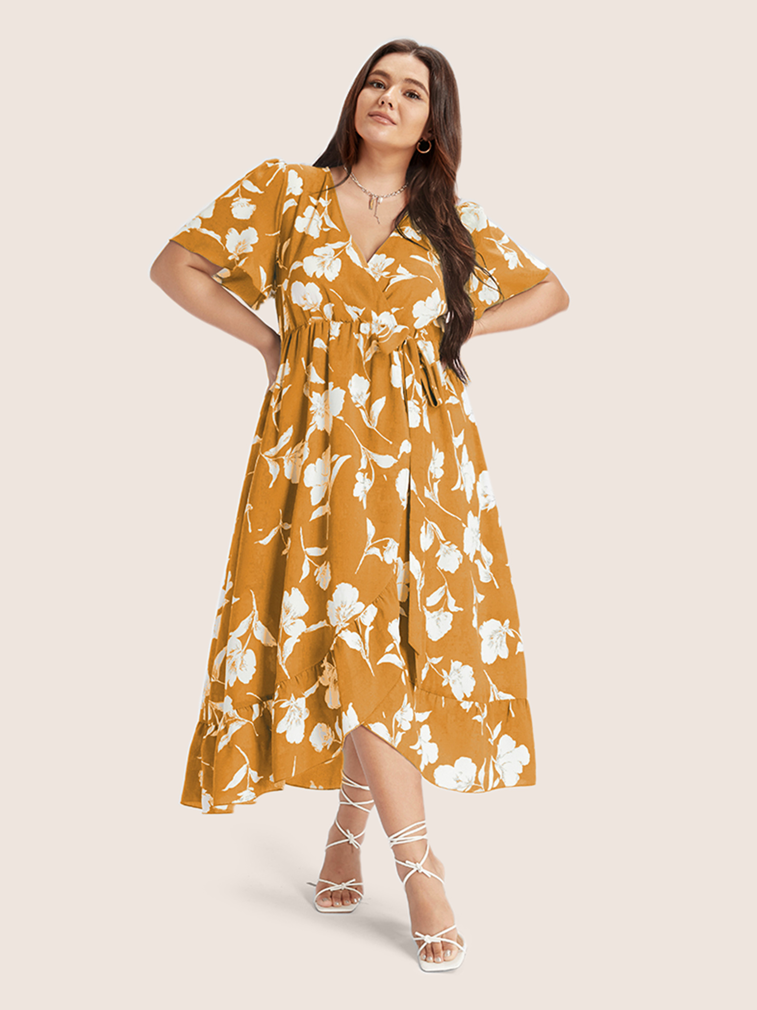 

Plus Size Floral Ruffle Knot Side Wrap Dress Yellow Women Elegant Ruffles V-neck Short sleeve Curvy Midi Dress BloomChic