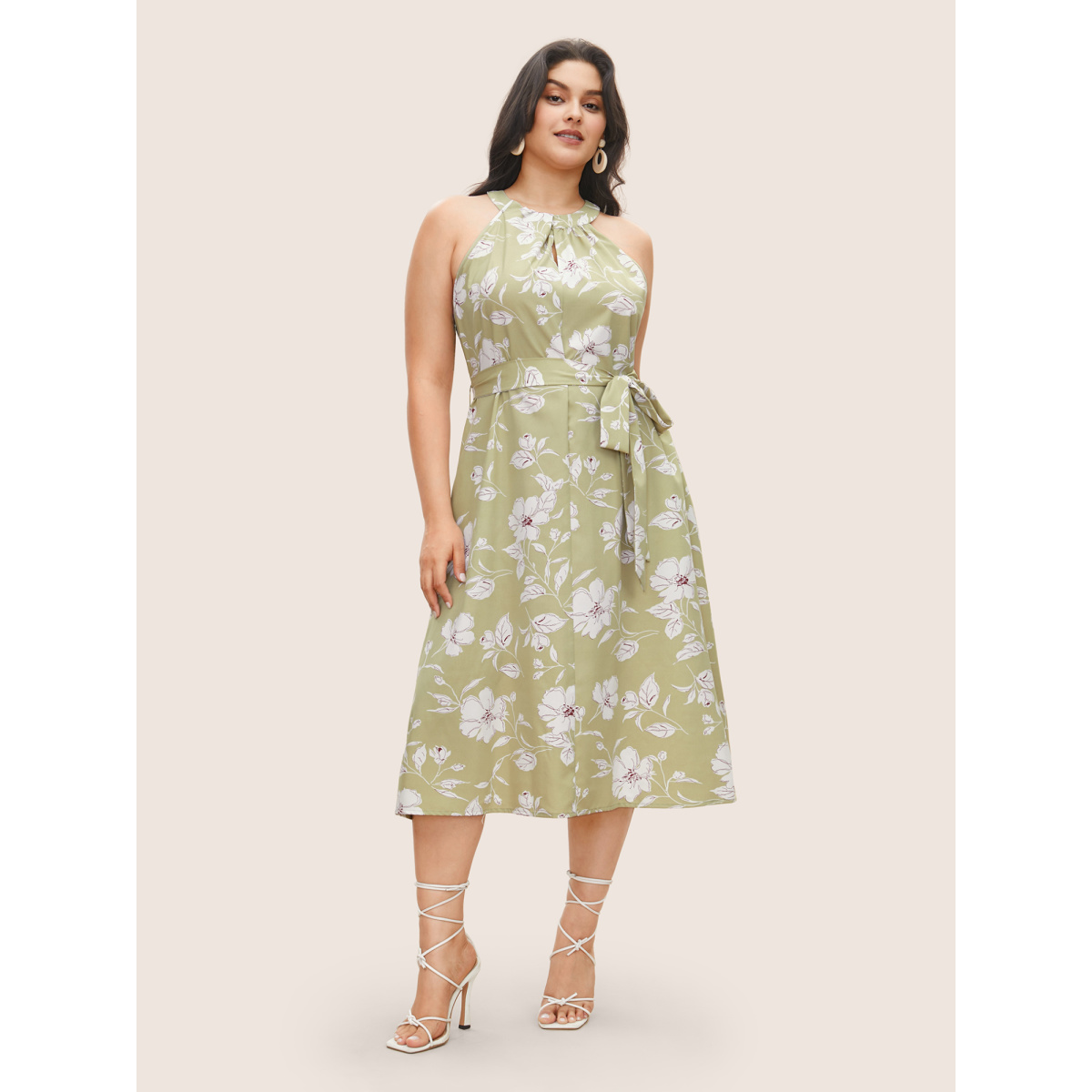 

Plus Size Floral Print Halter Cut Out Belted Dress Mint Women Belted Curvy Midi Dress BloomChic