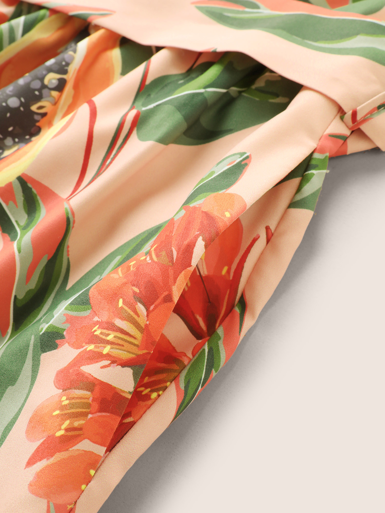 Plus Size Coral Citrus Fruit Print Belted Ruffle Trim Jumpsuit Women Resort Long Sleeve Non Vacation Loose Jumpsuits BloomChic 12/L 