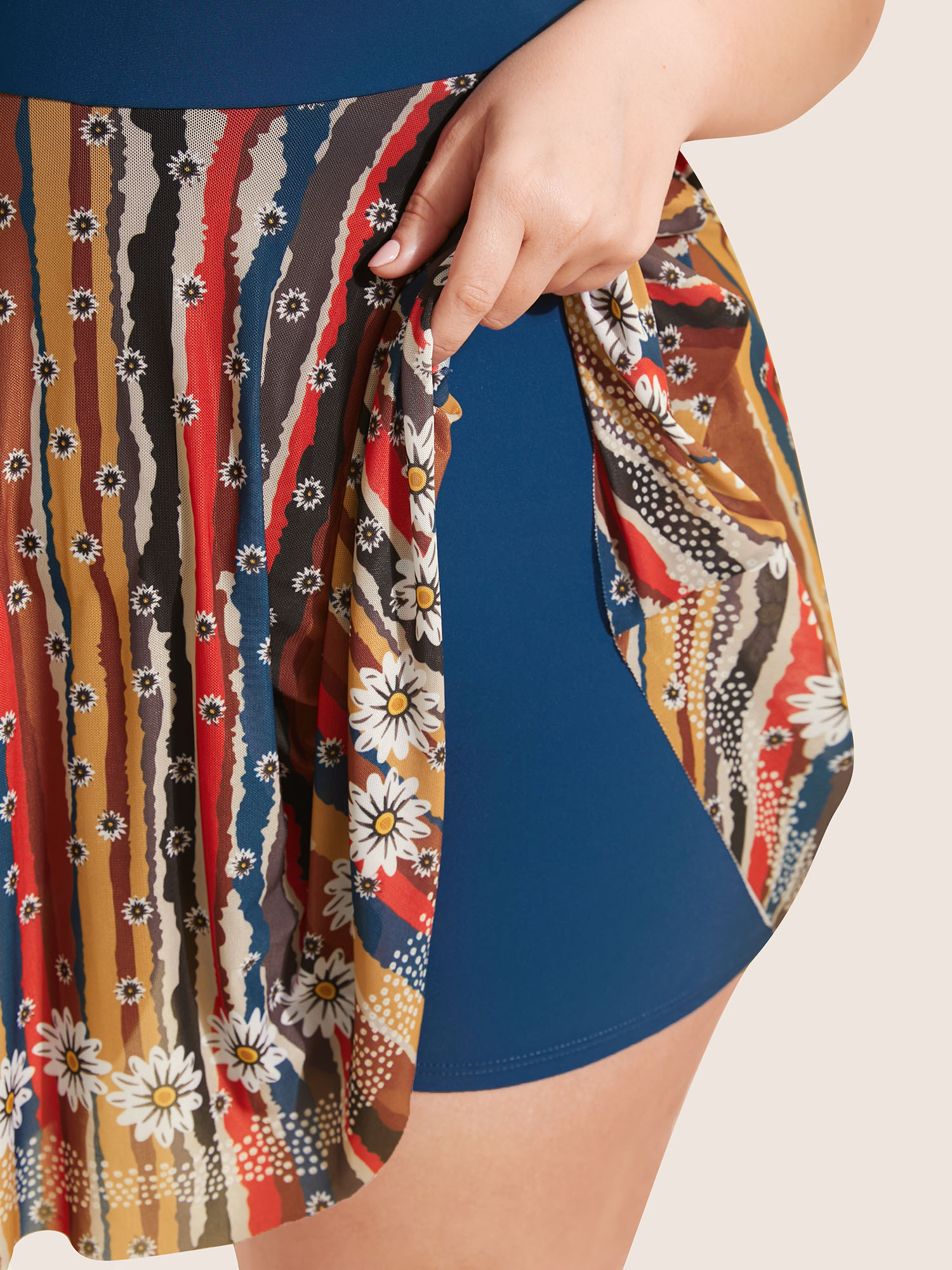 Plus Size Colored Striped Twist Front Patchwork Swim Dress Women`s Swimwear Aegean Beach Bodycon Heart neckline High stretch Curve Swim Dresses BloomChic 10/M 