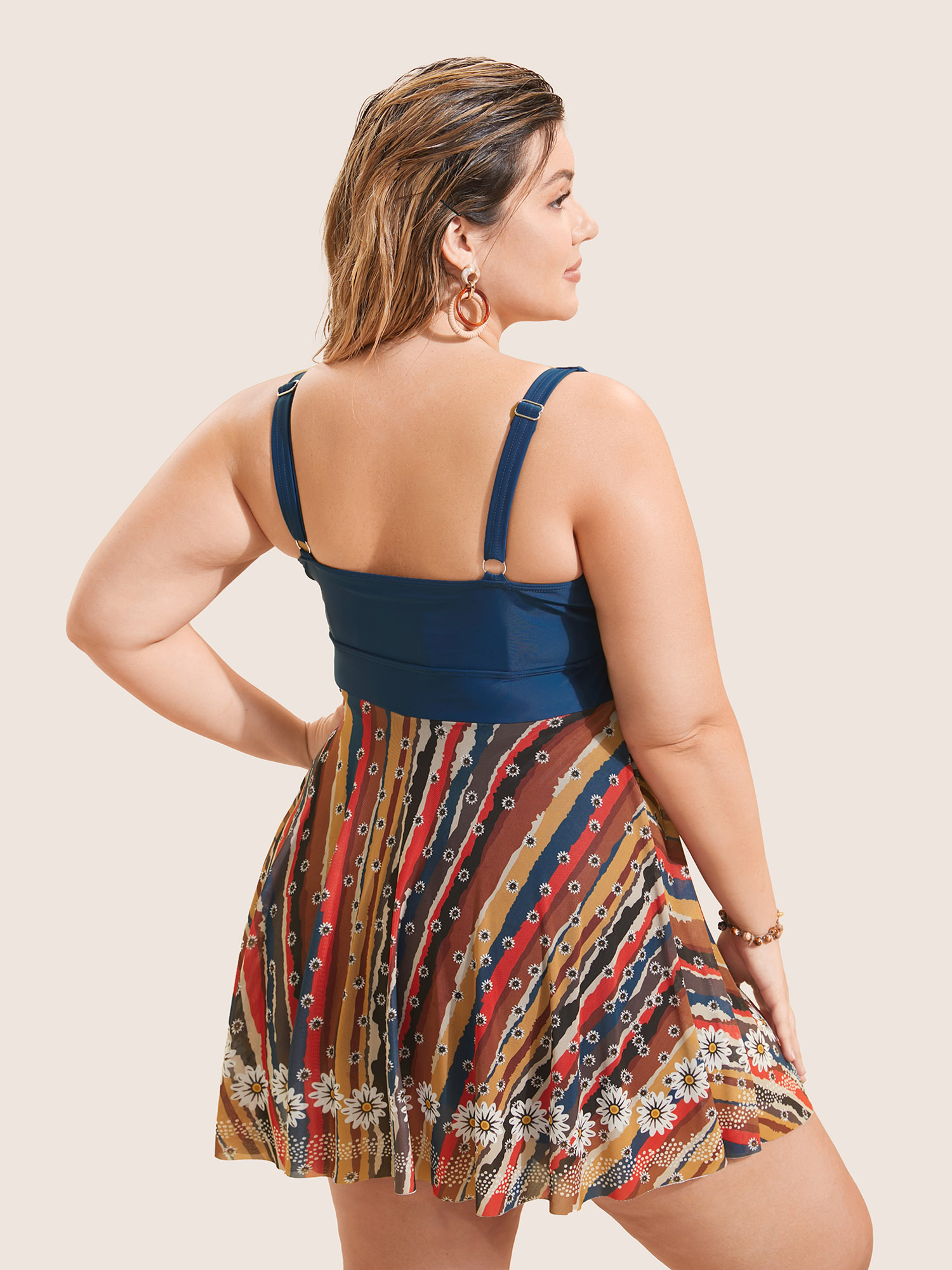 Plus Size Colored Striped Twist Front Patchwork Swim Dress Women`s Swimwear Aegean Beach Bodycon Heart neckline High stretch Curve Swim Dresses BloomChic 10/M 