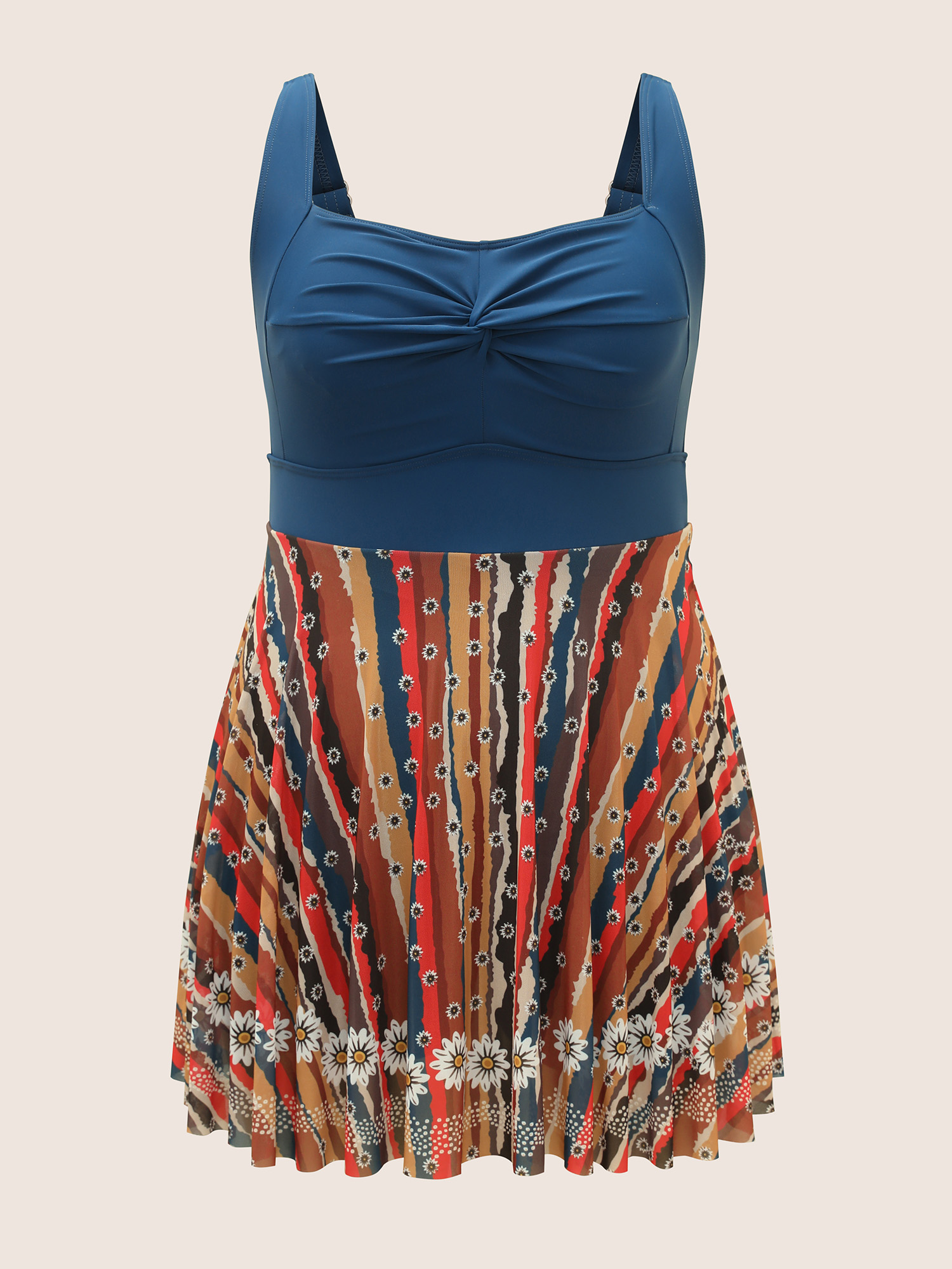 Plus Size Colored Striped Twist Front Patchwork Swim Dress Women`s Swimwear Aegean Beach Bodycon Heart neckline High stretch Curve Swim Dresses BloomChic 10/M 