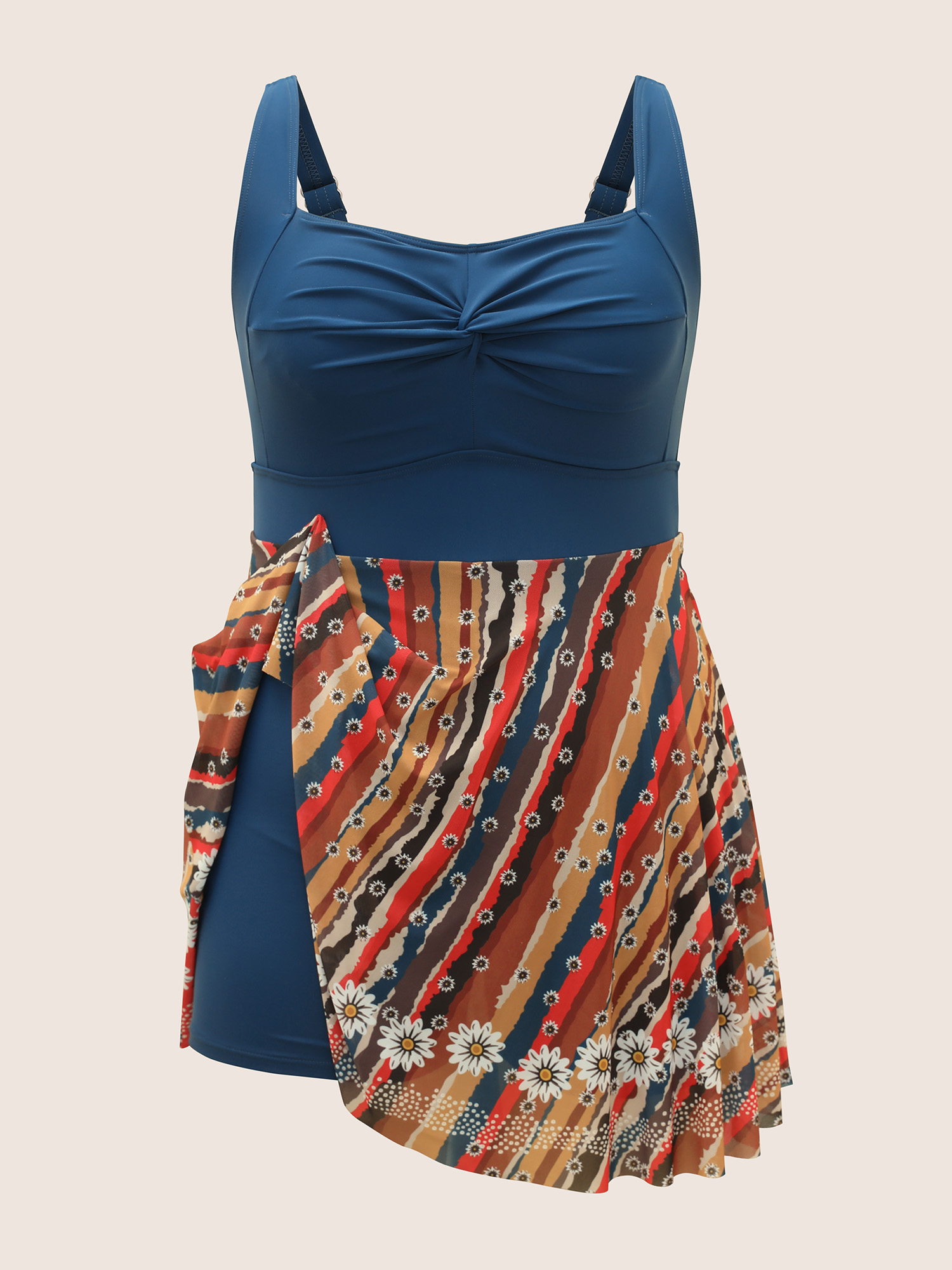 Plus Size Colored Striped Twist Front Patchwork Swim Dress Women`s Swimwear Aegean Beach Bodycon Heart neckline High stretch Curve Swim Dresses BloomChic 10/M 
