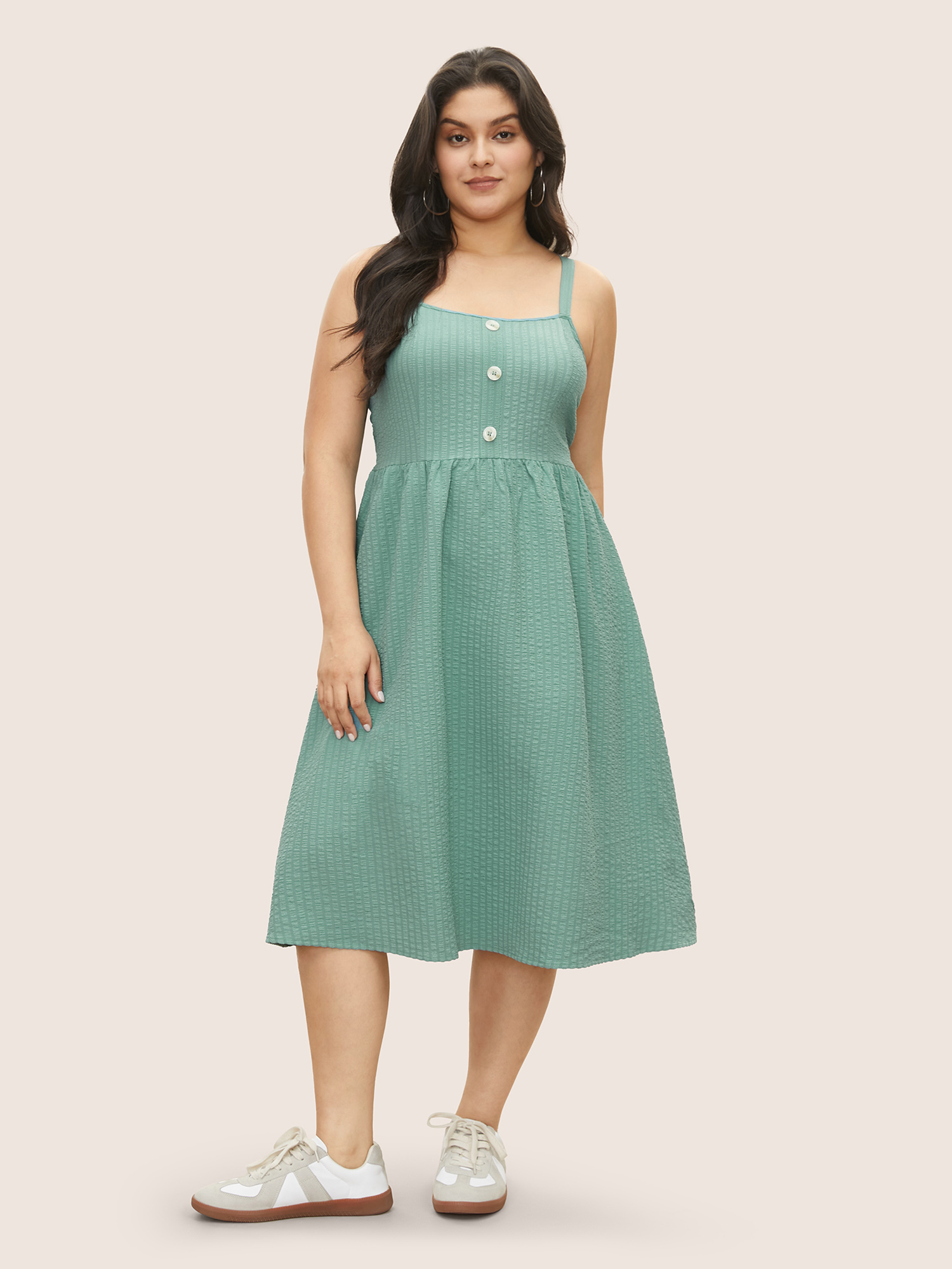 

Plus Size Plain Texture Button Detail Cami Dress Teal Women Casual Texture Non Sleeveless Curvy Midi Dress BloomChic