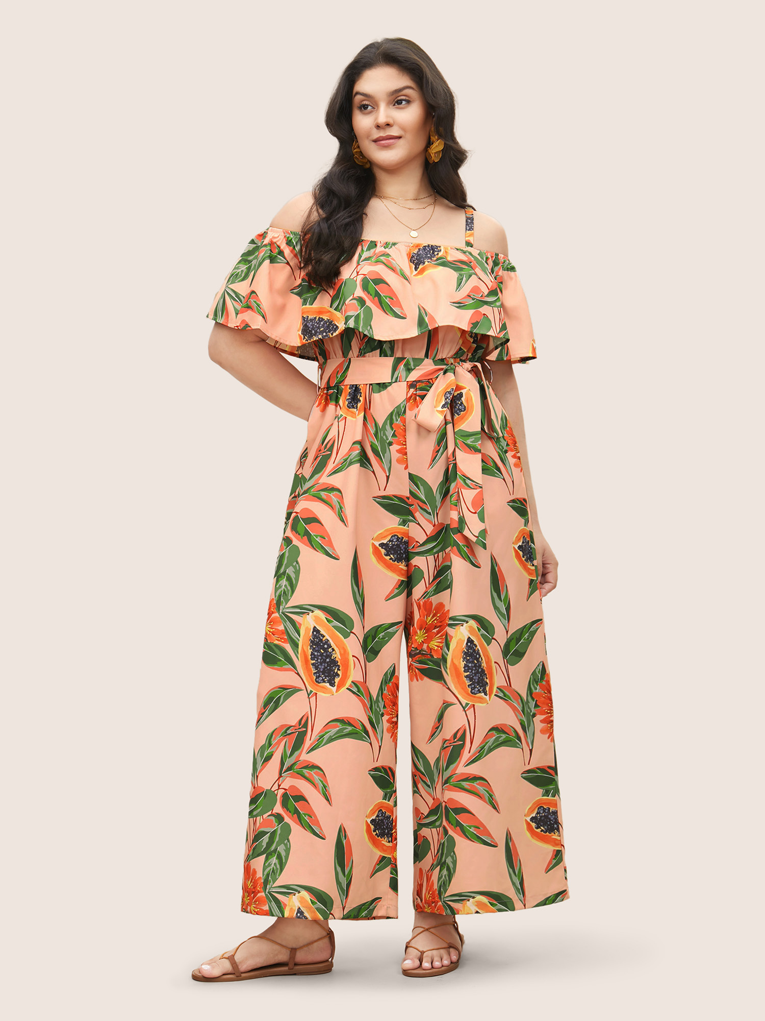 

Plus Size Coral Citrus Fruit Print Belted Ruffle Trim Jumpsuit Women Resort Long Sleeve Non Vacation Loose Jumpsuits BloomChic