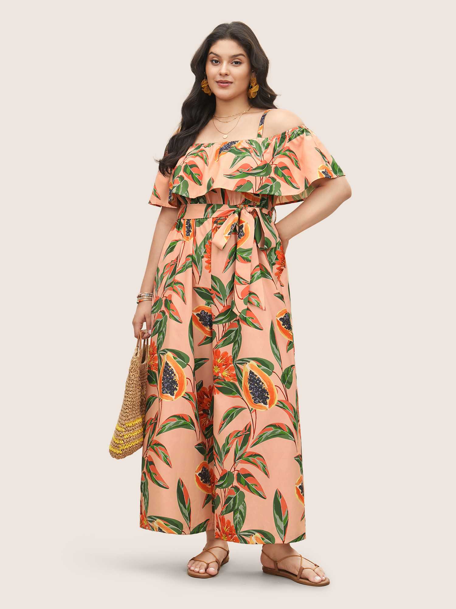 Plus Size Coral Citrus Fruit Print Belted Ruffle Trim Jumpsuit Women Resort Long Sleeve Non Vacation Loose Jumpsuits BloomChic 12/L 