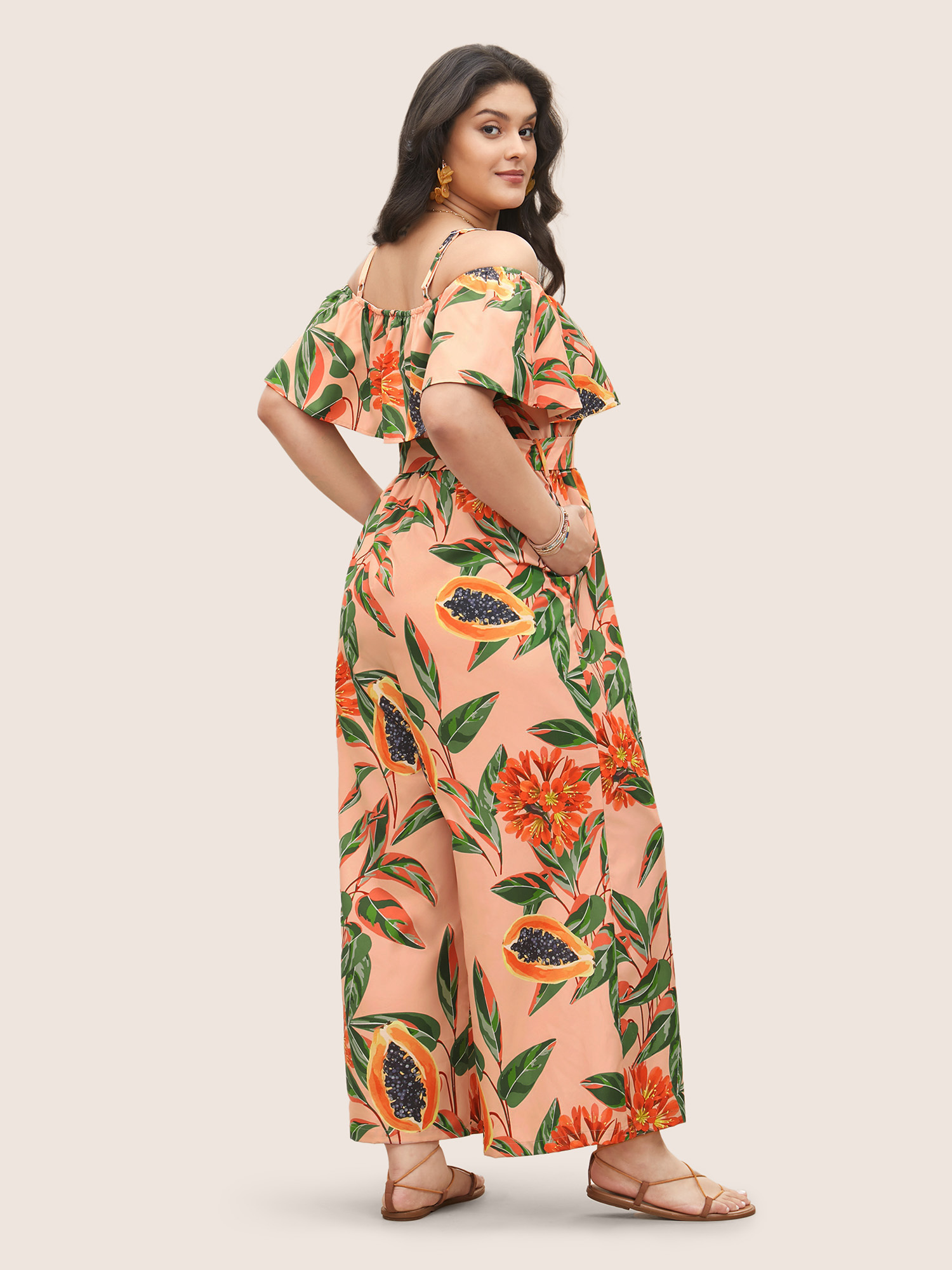 Plus Size Coral Citrus Fruit Print Belted Ruffle Trim Jumpsuit Women Resort Long Sleeve Non Vacation Loose Jumpsuits BloomChic 12/L 