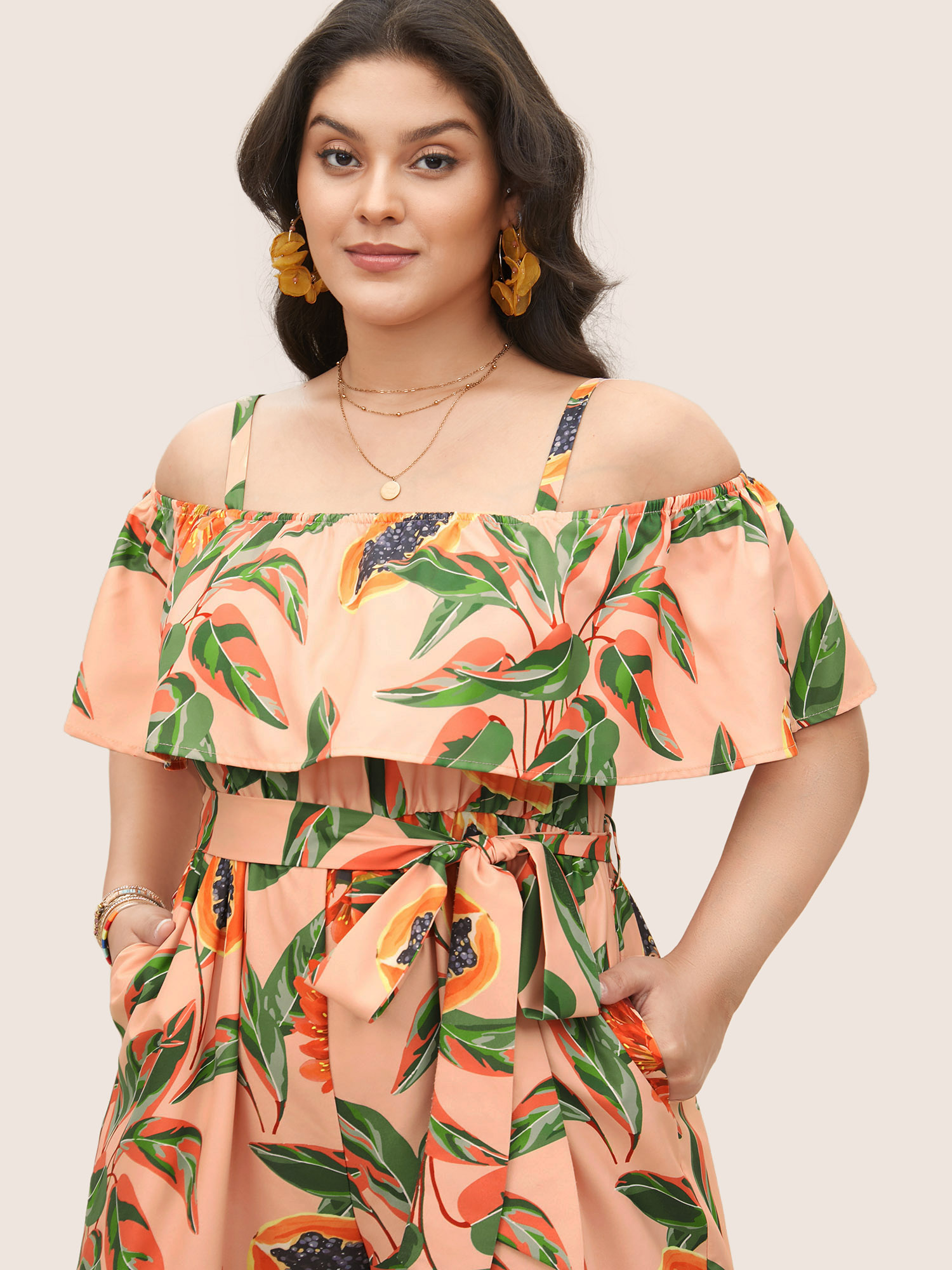 Plus Size Coral Citrus Fruit Print Belted Ruffle Trim Jumpsuit Women Resort Long Sleeve Non Vacation Loose Jumpsuits BloomChic 12/L 