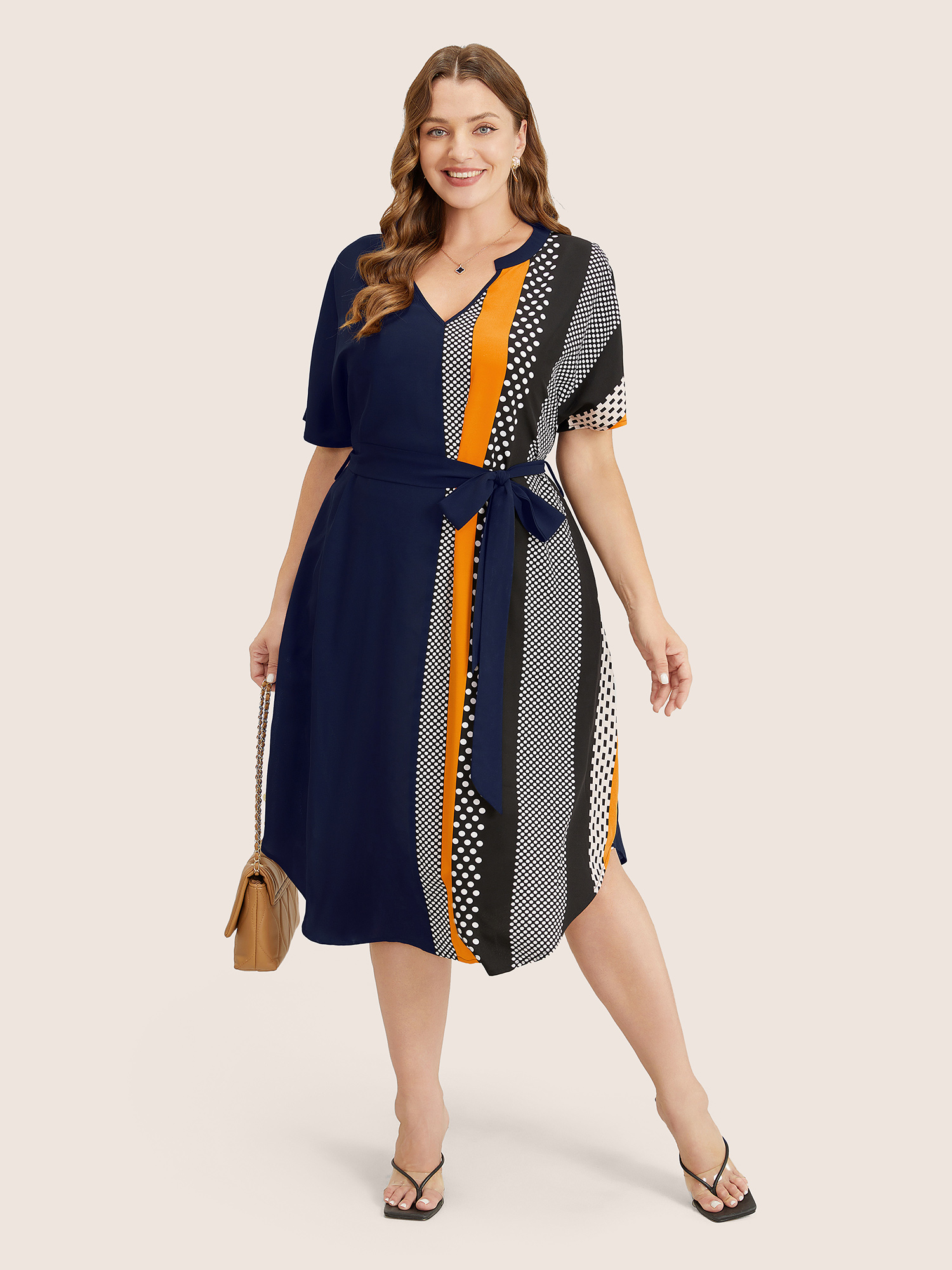 

Plus Size Striped Patchwork Arc Hem Pocket Batwing Sleeve Belt Dress DarkBlue Women Non Curvy Midi Dress BloomChic