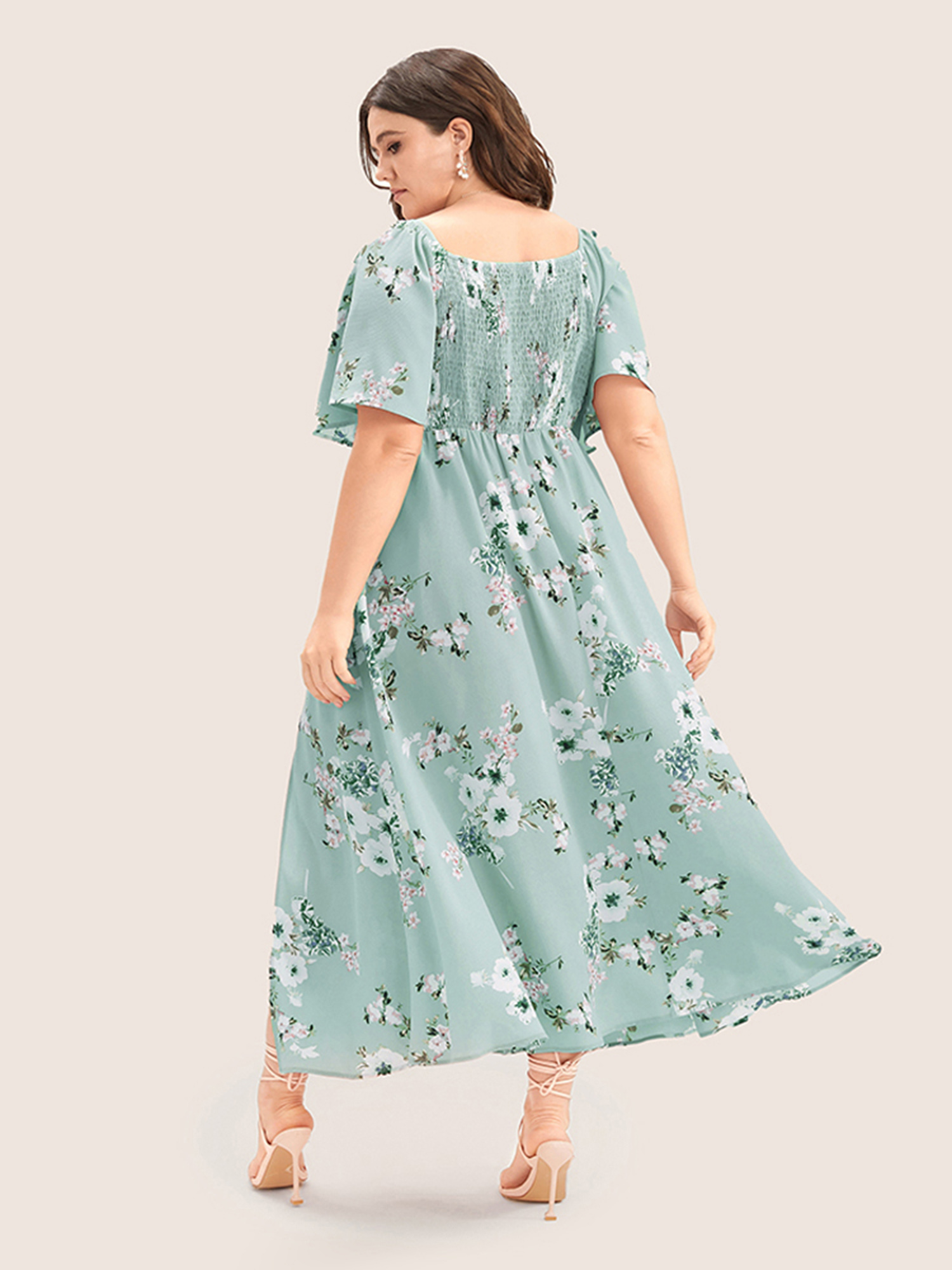 Plus Size Floral Square Neck Ruffles Pocket Shirred Split Dress Turquoise Women Non Curvy BloomChic 28/5X 
