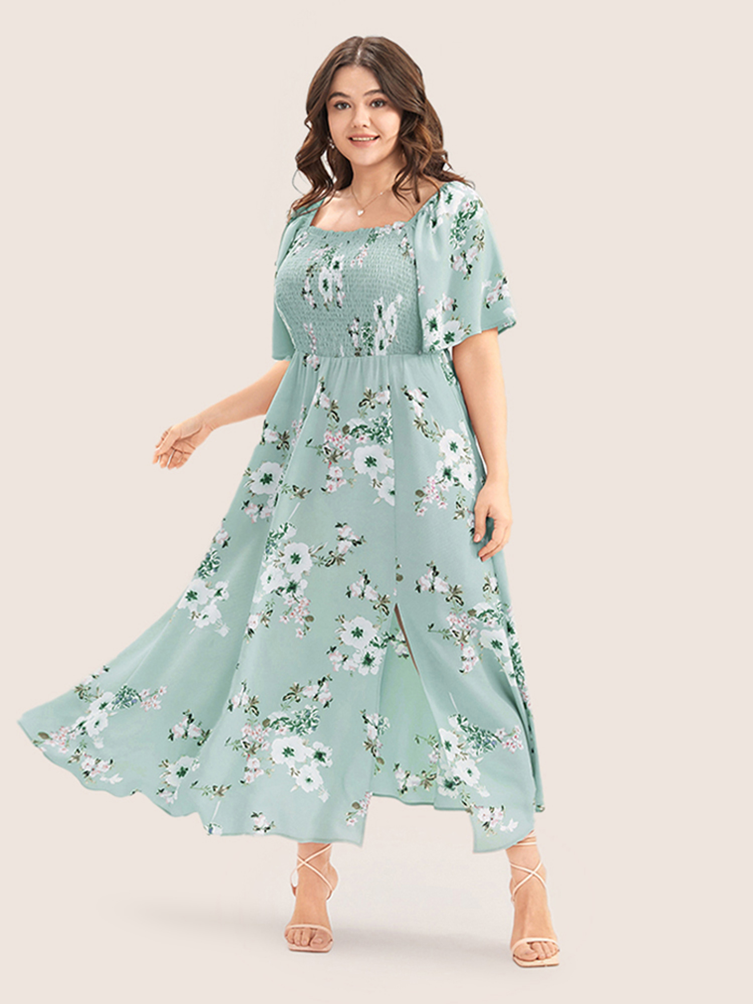 Plus Size Floral Square Neck Ruffles Pocket Shirred Split Dress Turquoise Women Non Curvy BloomChic 28/5X 