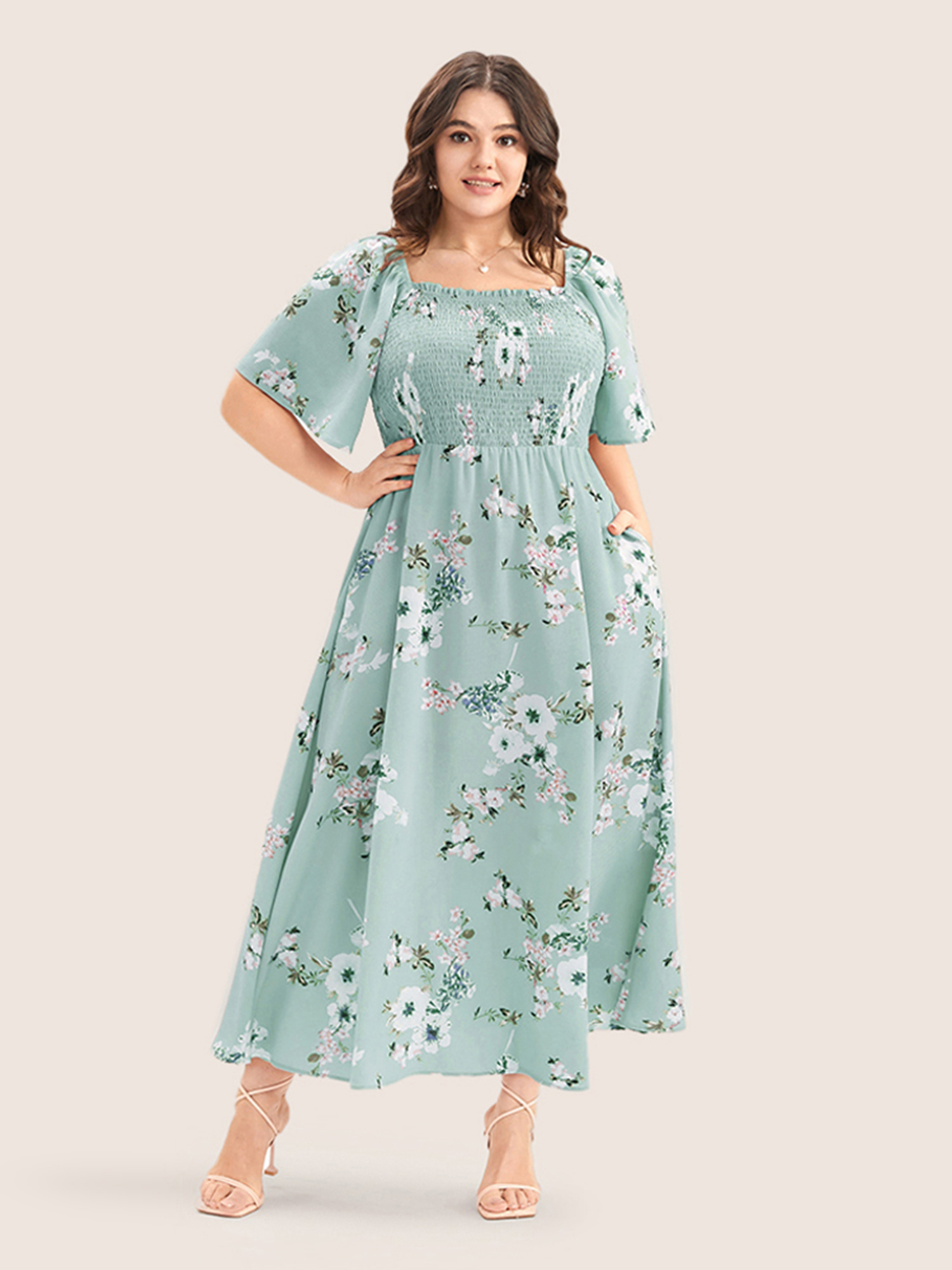 Plus Size Floral Square Neck Ruffles Pocket Shirred Split Dress Turquoise Women Non Curvy BloomChic 28/5X 