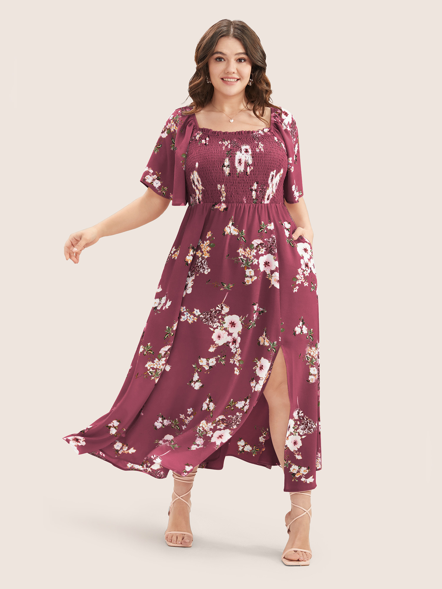 

Plus Size Floral Square Neck Ruffles Pocket Shirred Split Dress RedViolet Women Elegant Non Square Neck Short sleeve Curvy BloomChic