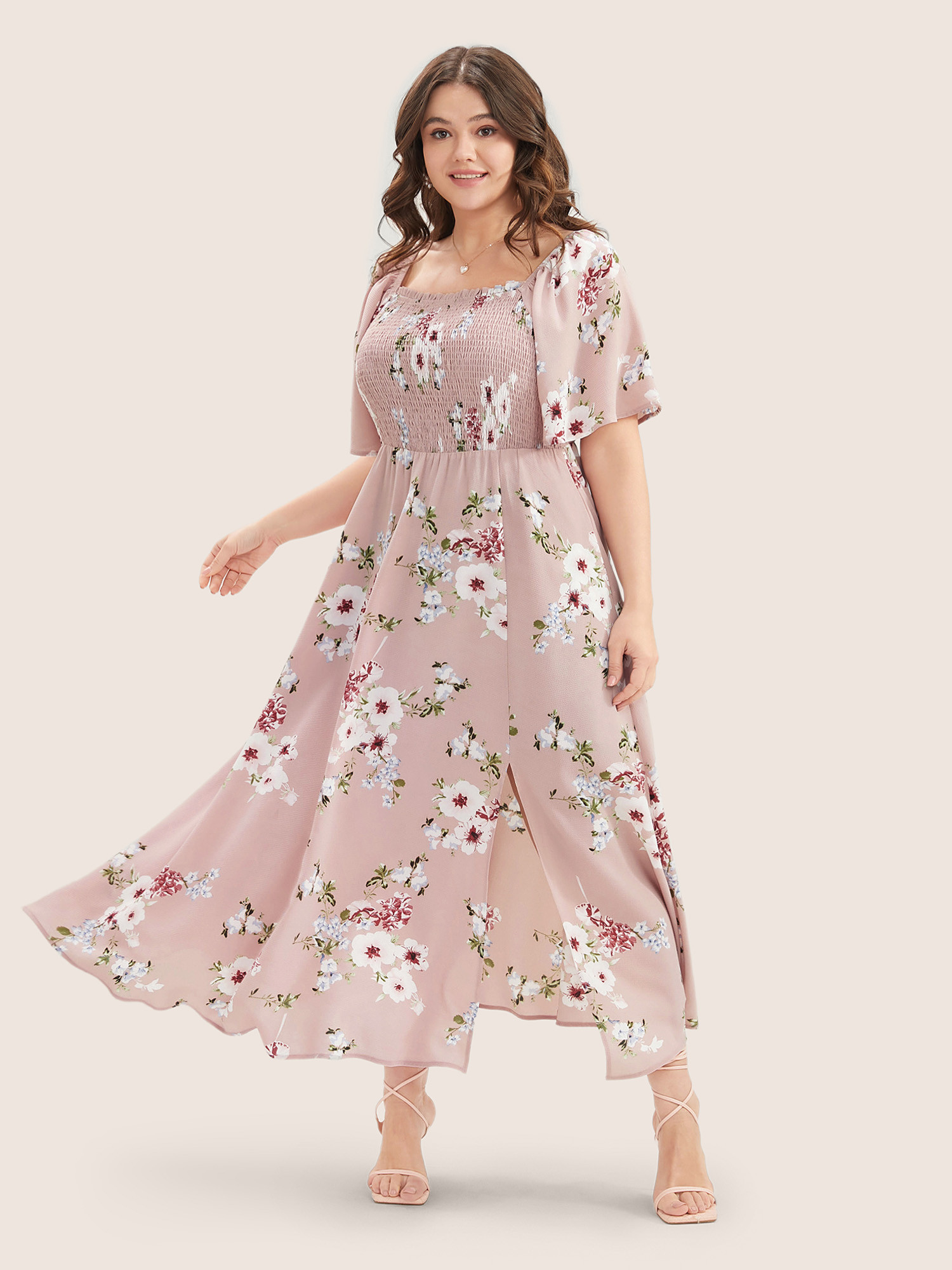 Floral DustyPink Shirred Plus Size Women Dress Elegance Pocket Ruffle Sleeve Short Sleeve Square Neck Pocket Dailywear Midi Dress BloomChic 