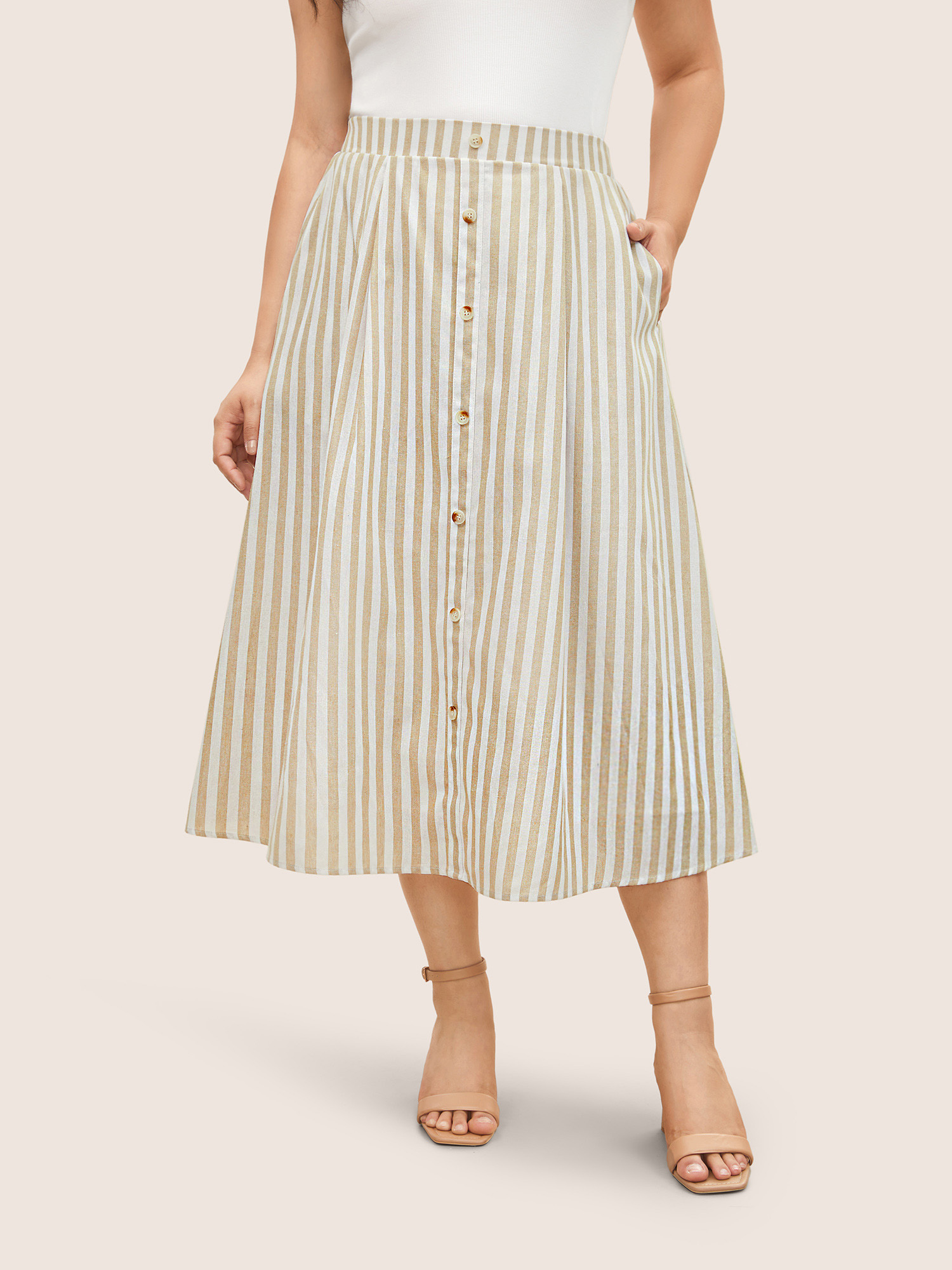 

Plus Size Stripes Elastic Waist Button Detail Pocket Skirt Women Apricot Work From Home Button No stretch Slanted pocket Work Skirts BloomChic