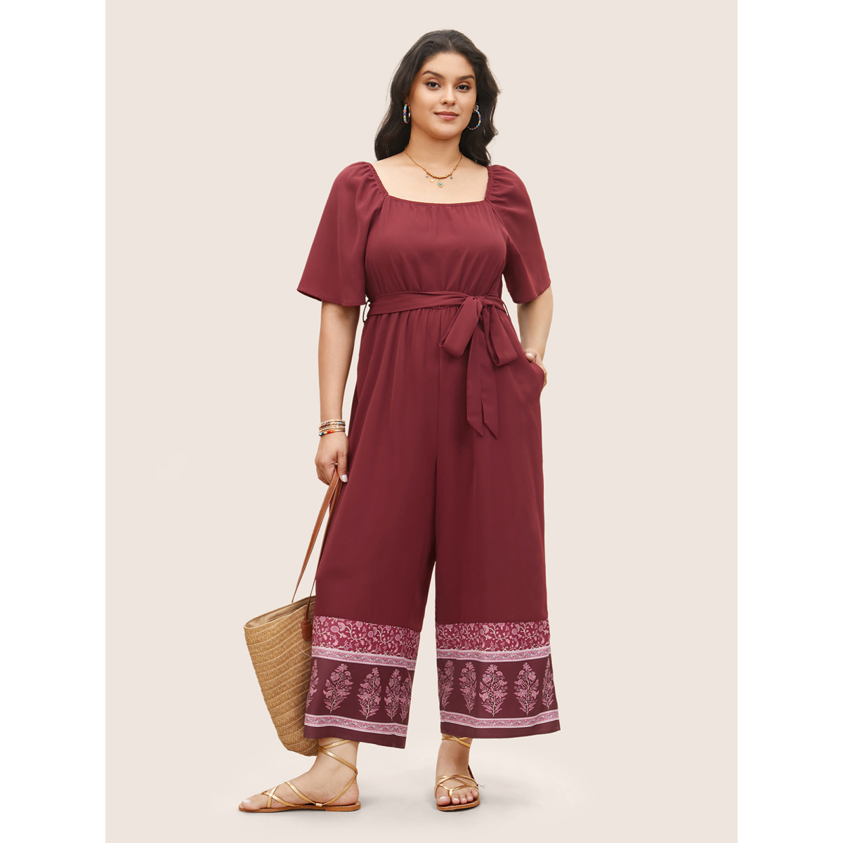 

Plus Size Burgundy Bandana Print Gathered Belted Square Neck Jumpsuit Women Resort Vacation Loose Jumpsuits BloomChic