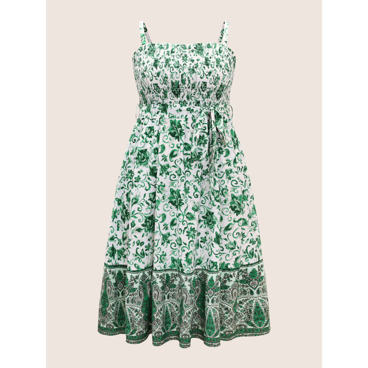 

Plus Size Bandana Print Shirred Patchwork Pocket Cami Dress Green Women Belted Curvy Midi Dress BloomChic