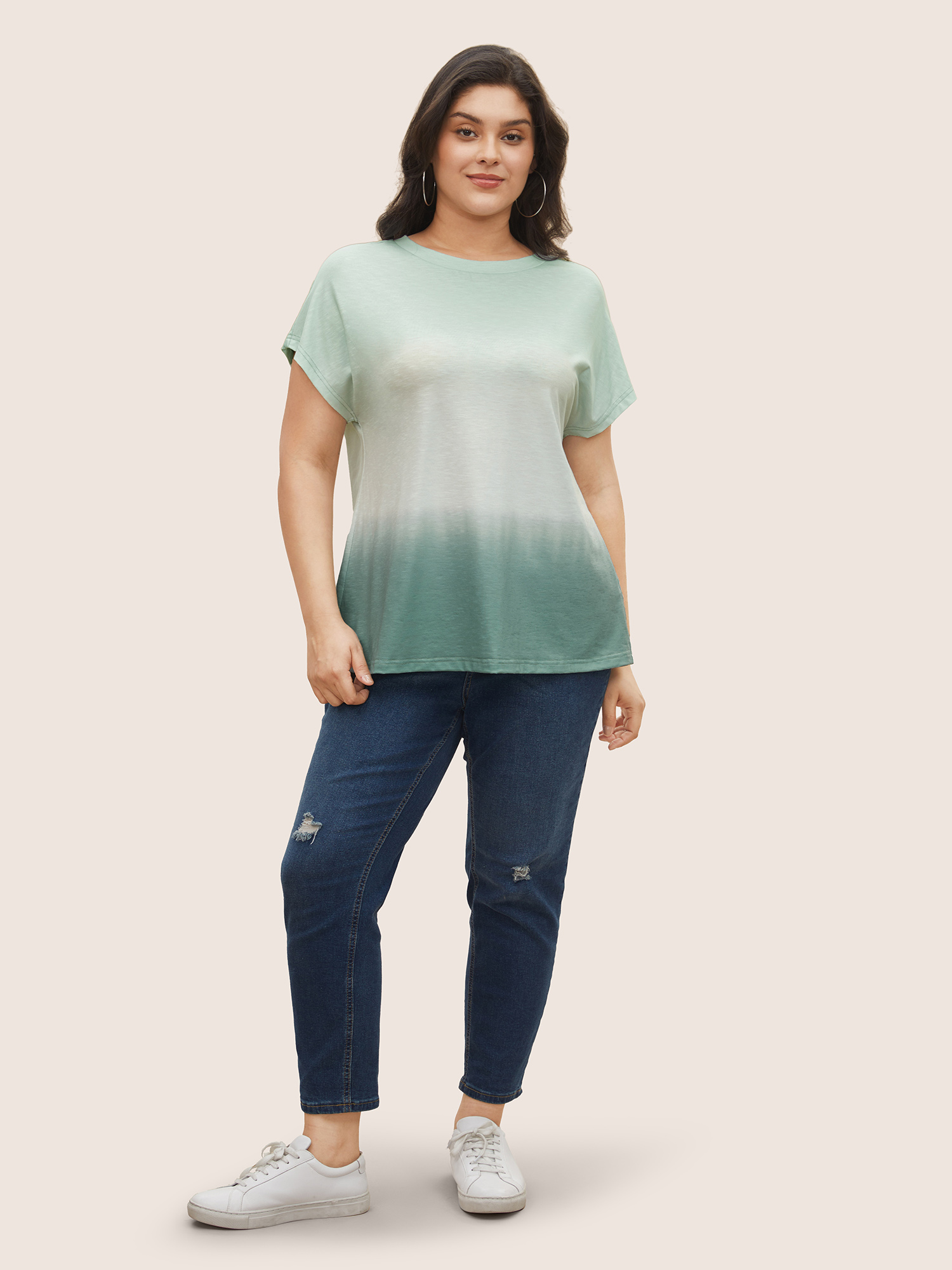 Plus Size Ombre Round Neck Dolman Sleeve T-shirt Multicolor Women Casual Round Neck Everyday T-shirts BloomChic 12/L 