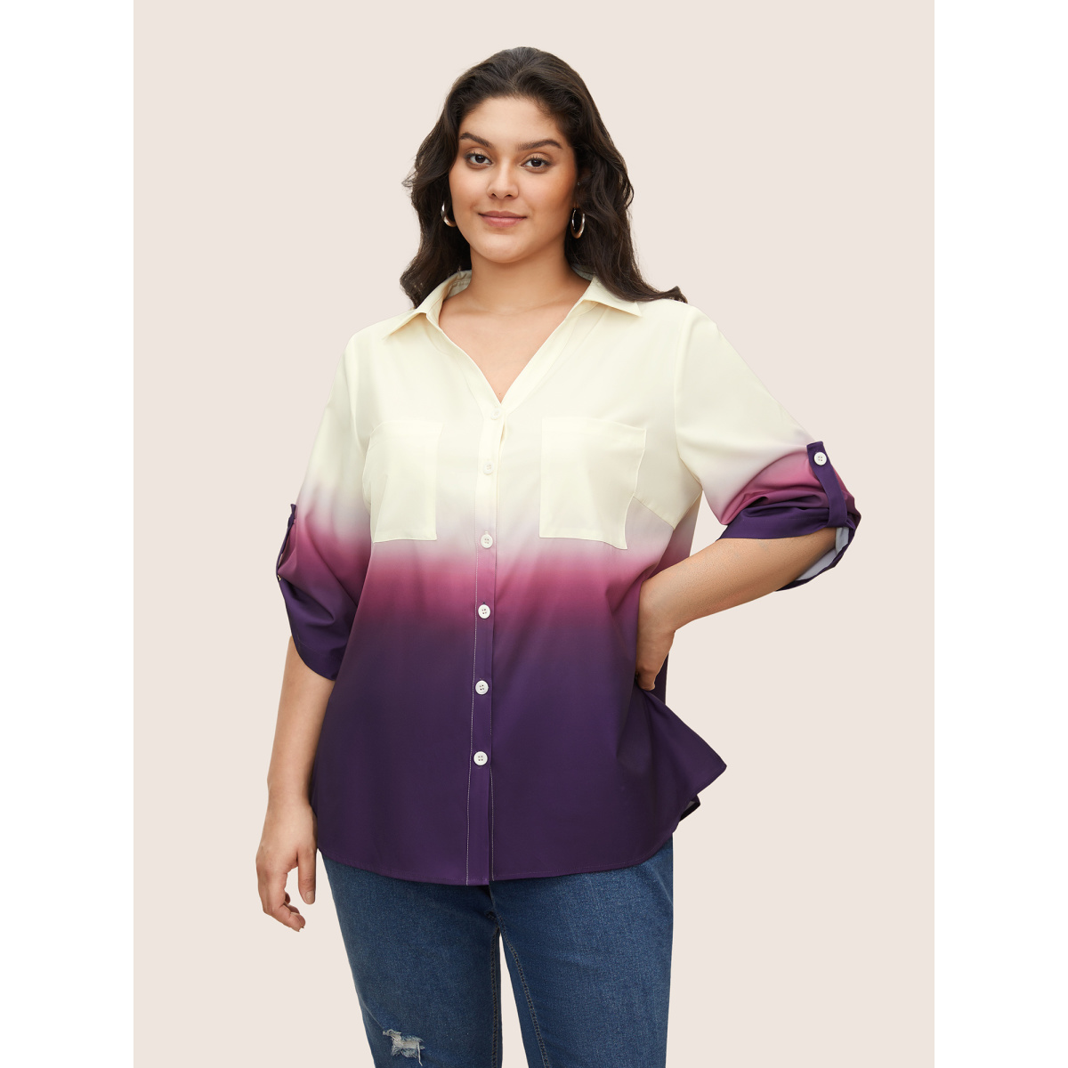 

Plus Size Purple Gradient Dyeing Button Cuff Sleeve Patch Pocket Blouse Women Casual Elbow-length sleeve Shirt collar Everyday Blouses BloomChic