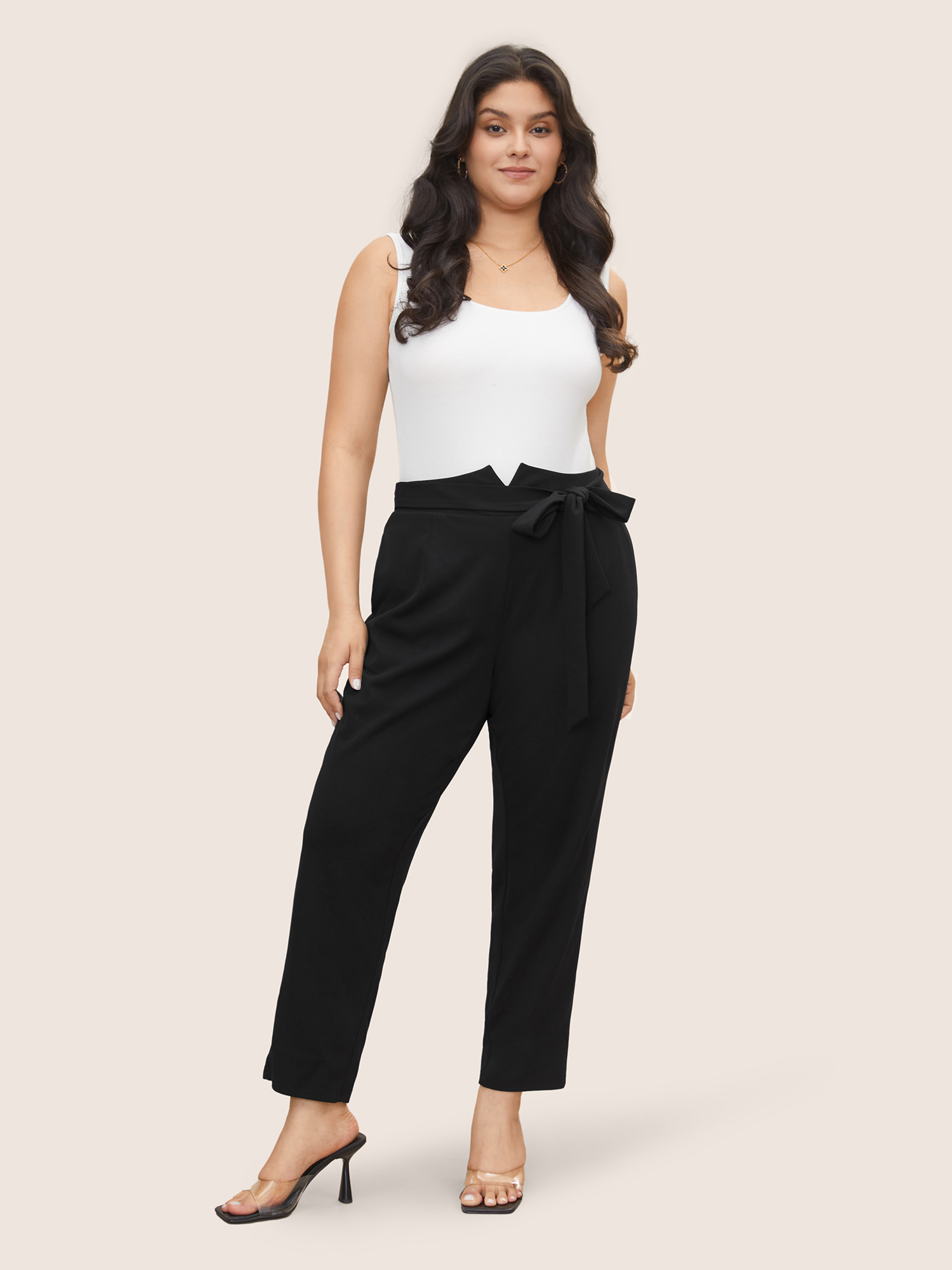 Plus Size Plain Tie Knot Slanted Pocket High Rise Pants Women Black At the Office High Rise Work Pants BloomChic 12/L 