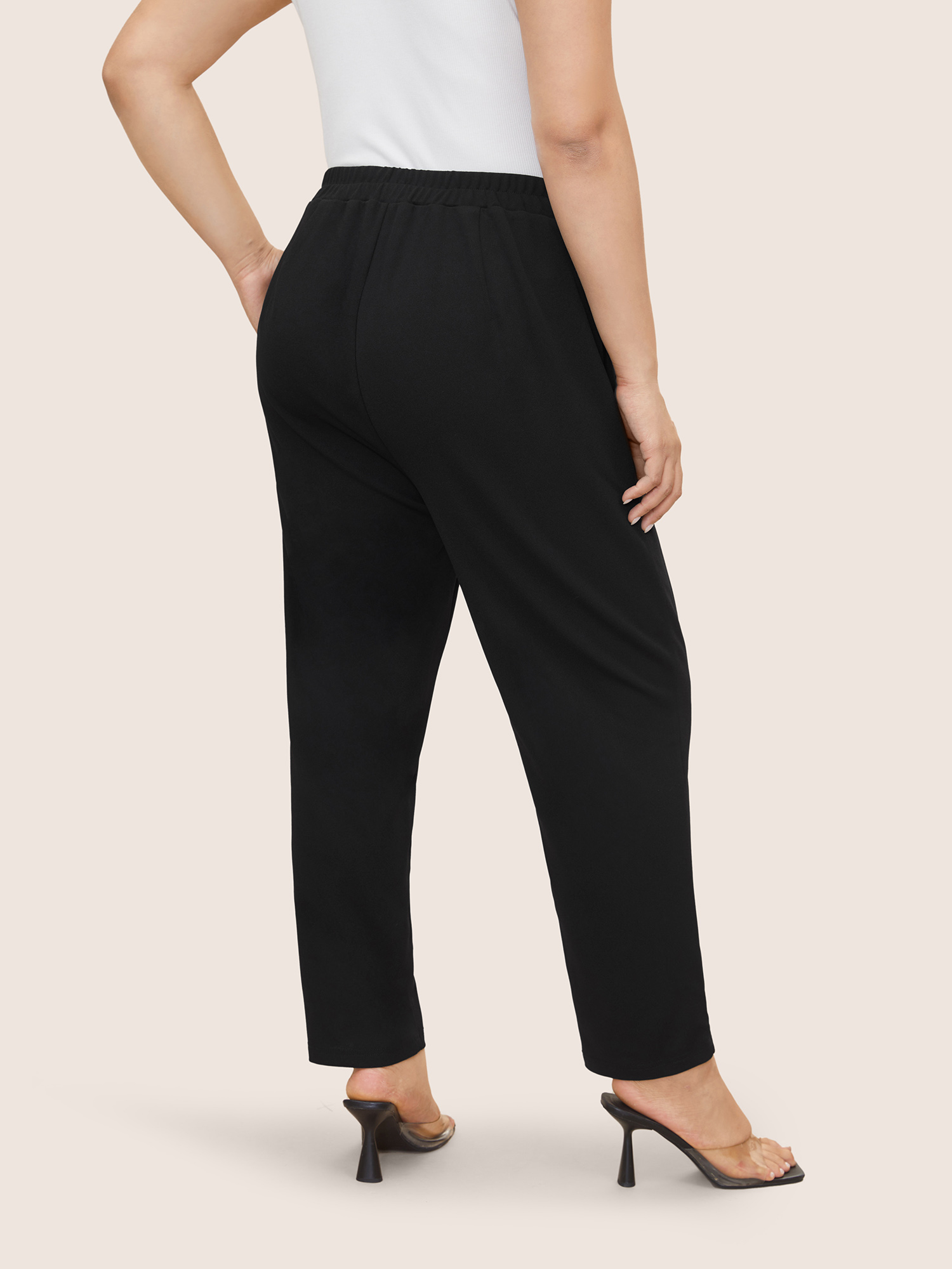 Plus Size Plain Tie Knot Slanted Pocket High Rise Pants Women Black At the Office High Rise Work Pants BloomChic 12/L 
