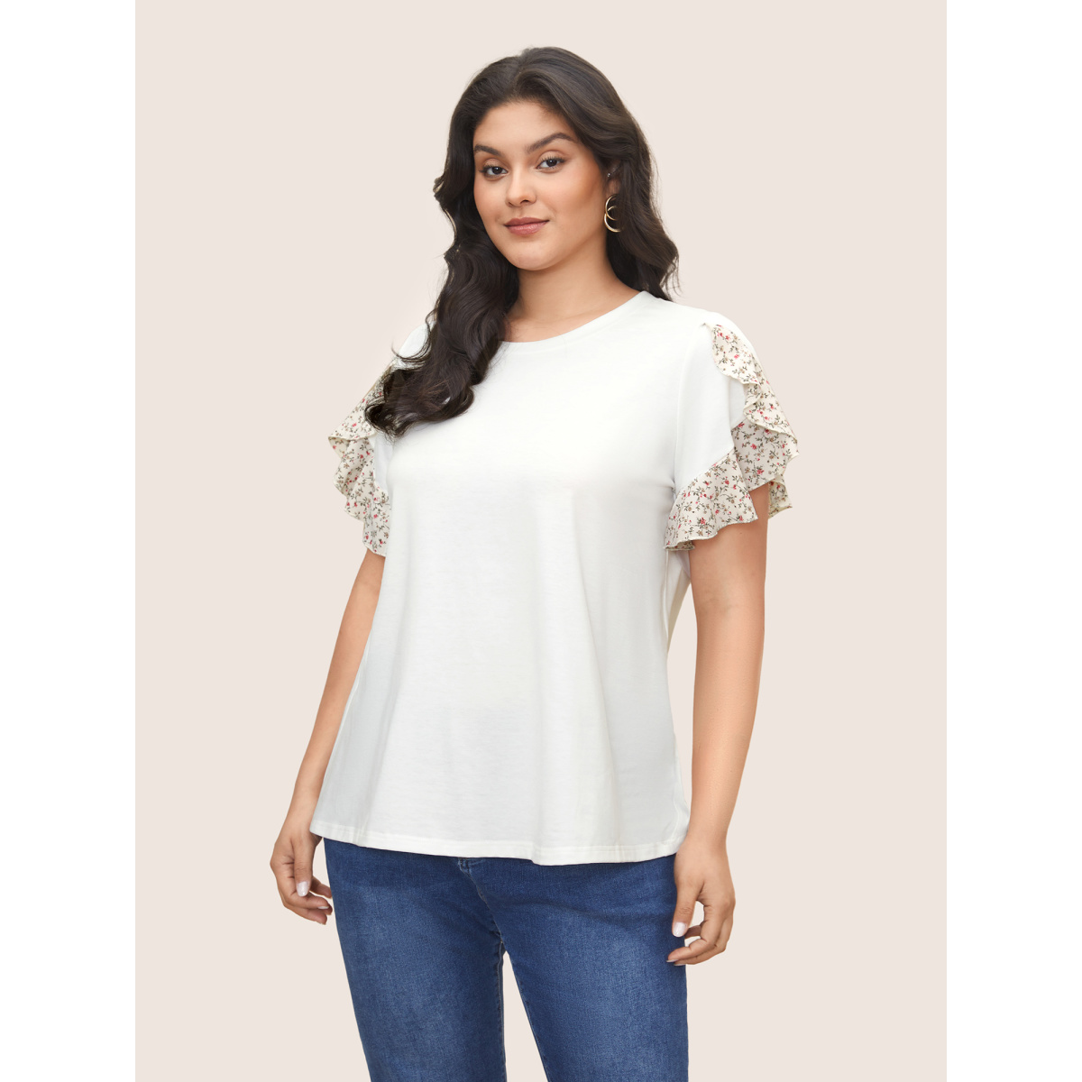 

Plus Size Ditsy Floral Patchwork Petal Sleeve T-shirt White Women Elegant Patchwork Round Neck Everyday T-shirts BloomChic