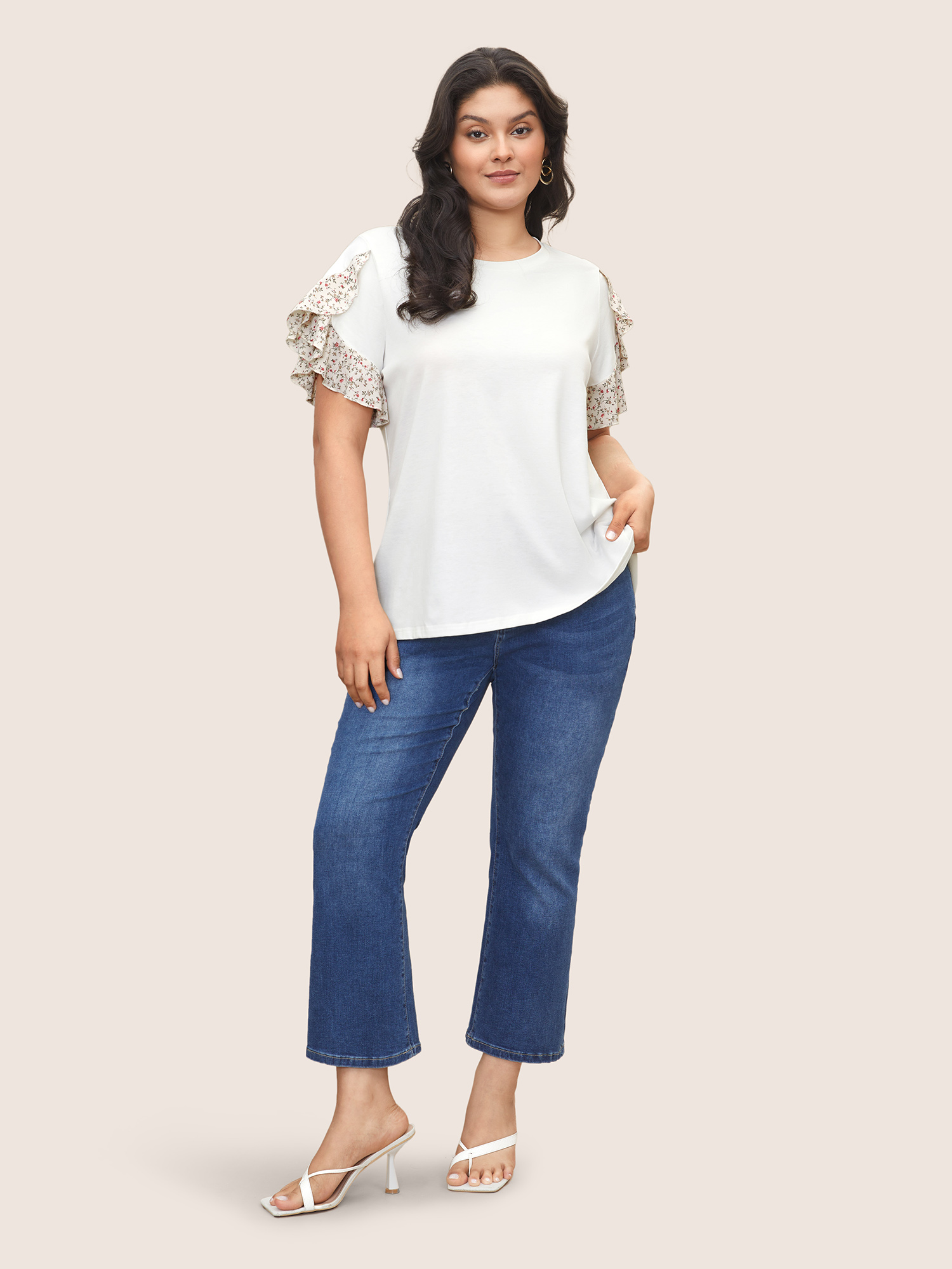 Plus Size Ditsy Floral Patchwork Petal Sleeve T-shirt White Women Elegant Patchwork Round Neck Everyday T-shirts BloomChic 10/M 
