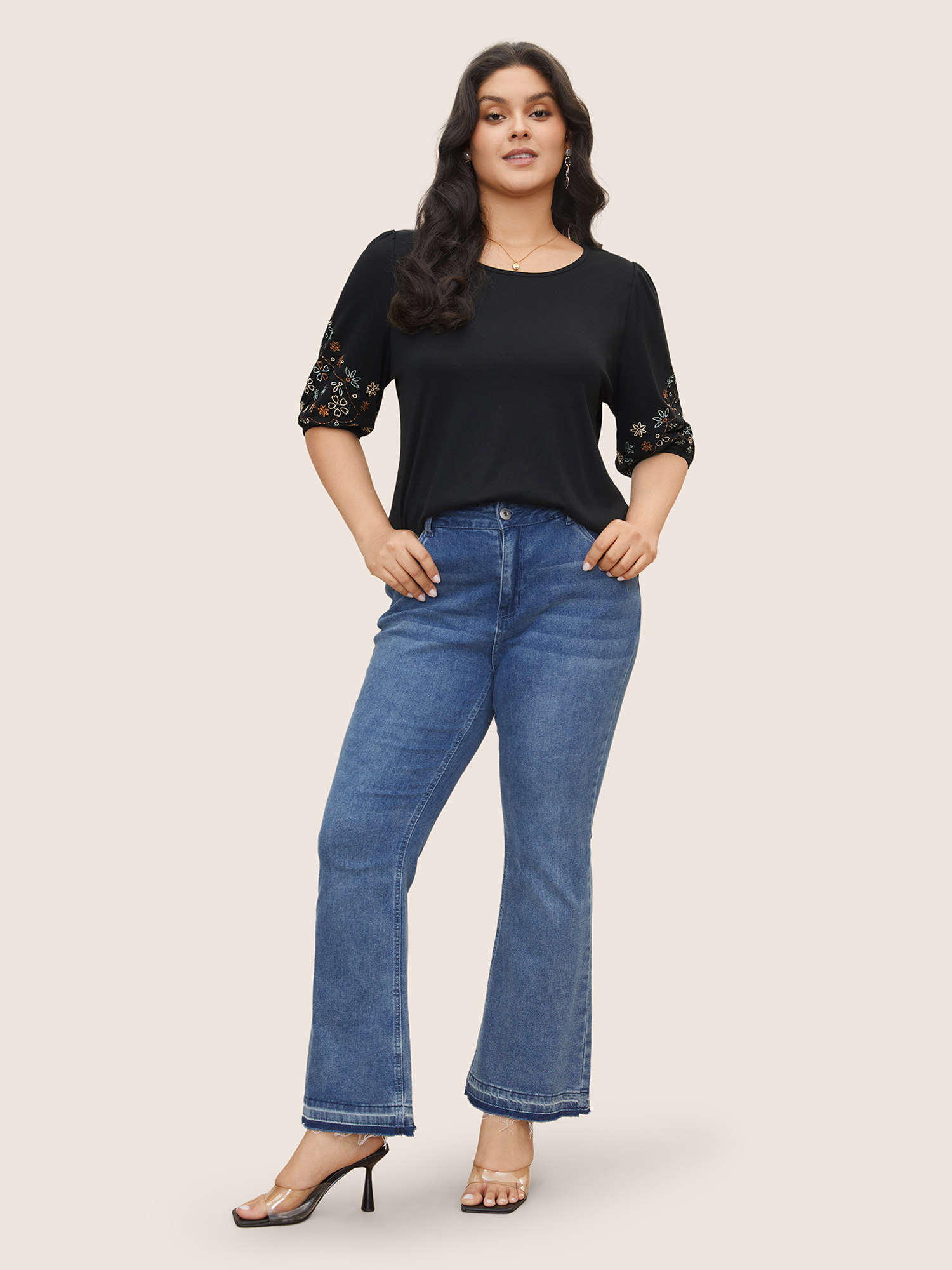 Plus Size Floral Embroidered Crew Neck Puff Sleeve T-shirt Black Women Elegant Embroidered Round Neck Everyday T-shirts BloomChic 28/5X 
